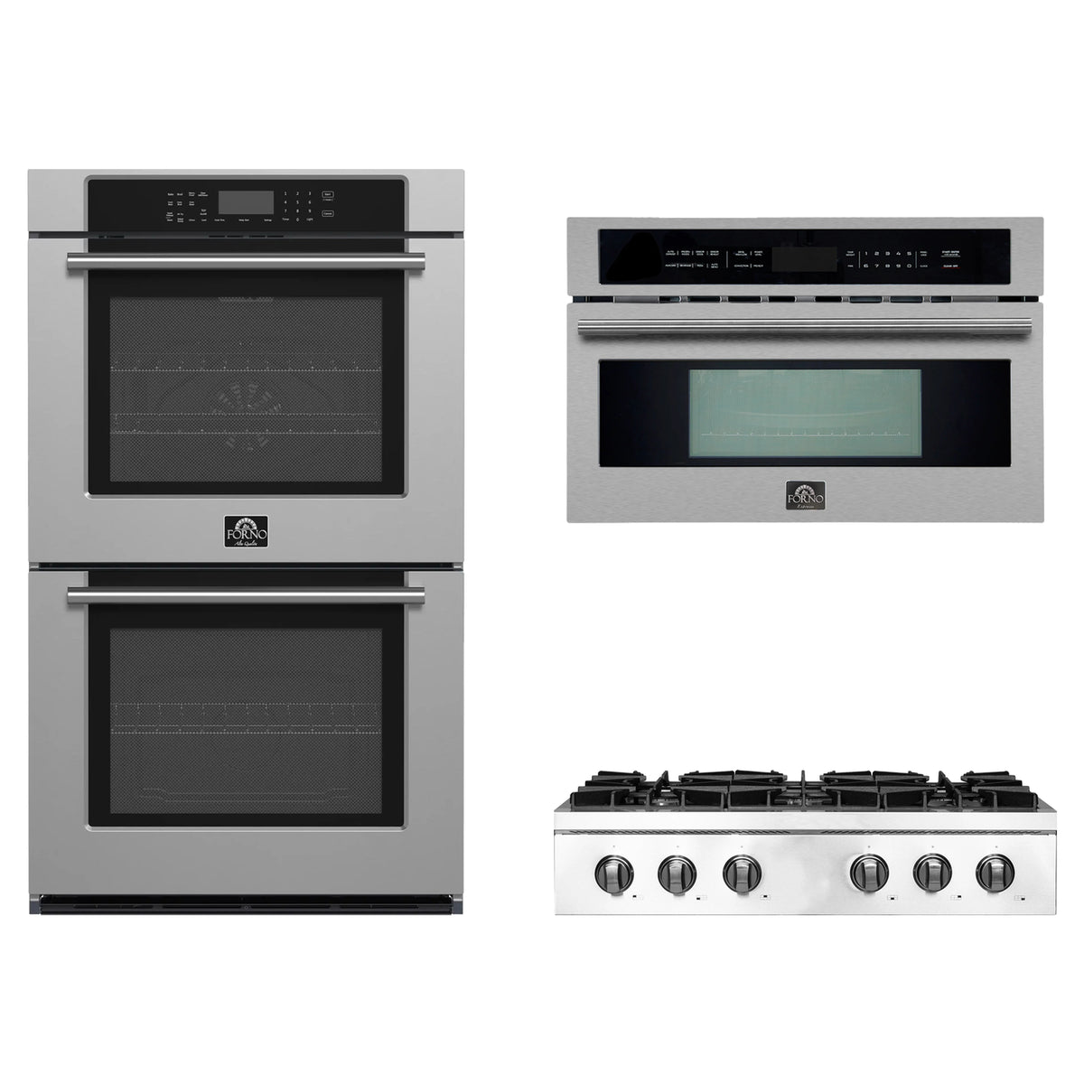 Forno 3-Piece Appliance Package - 36-Inch Lseo Gas Rangetop, Double Wall Oven & Microwave Oven in Stainless Steel