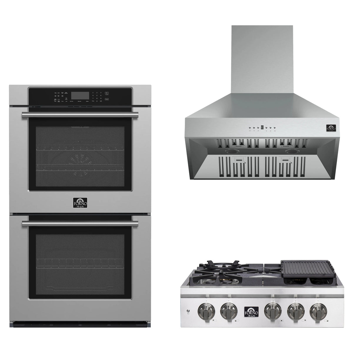 Forno 3-Piece Appliance Package - 30-Inch Spezia Gas Rangetop, Villarosa Double Electric Wall Oven & Wall Mount Range Hood in Stainless Steel