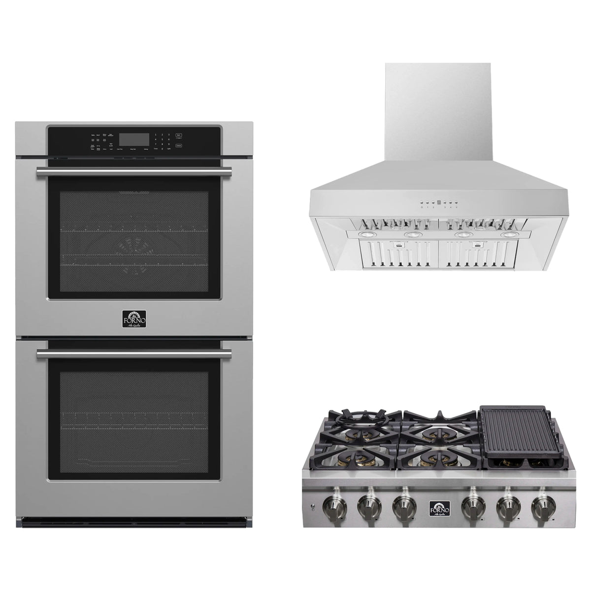Forno 3-Piece Appliance Package - 36-Inch Spezia Gas Rangetop, Villarosa Double Electric Wall Oven & Wall Mount Range Hood in Stainless Steel