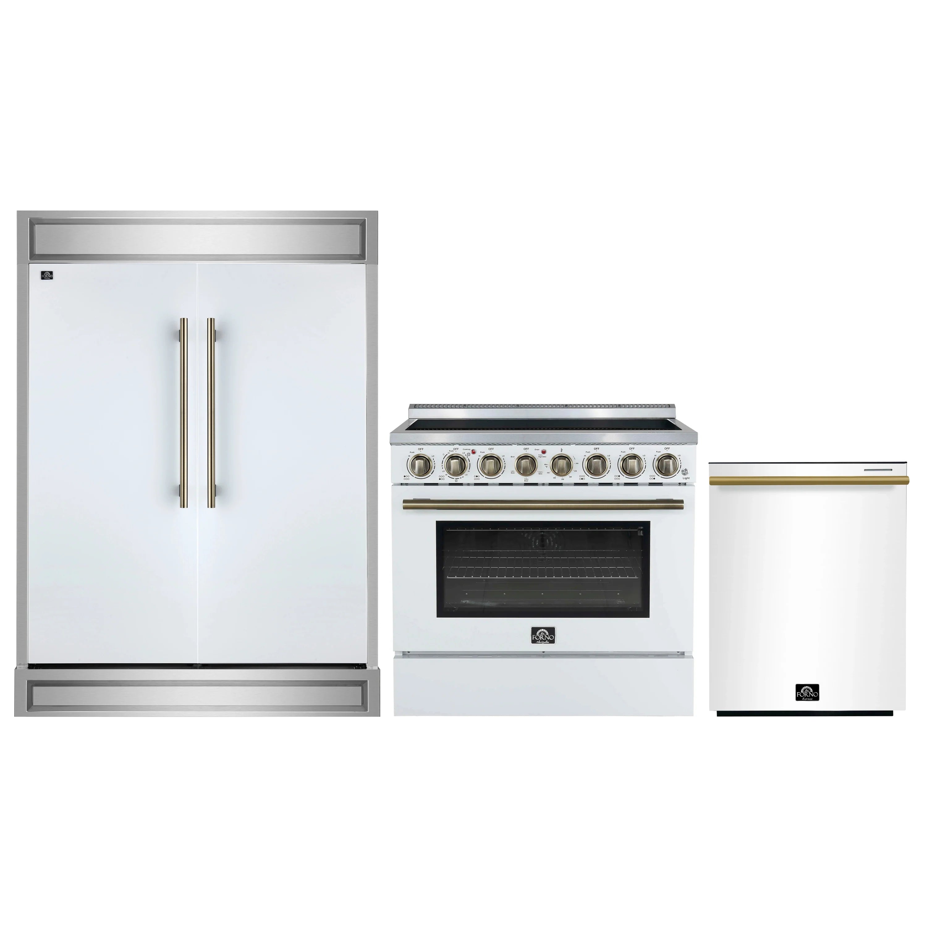 White 3-piece appliance package with electric range, range hood, and refrigerator