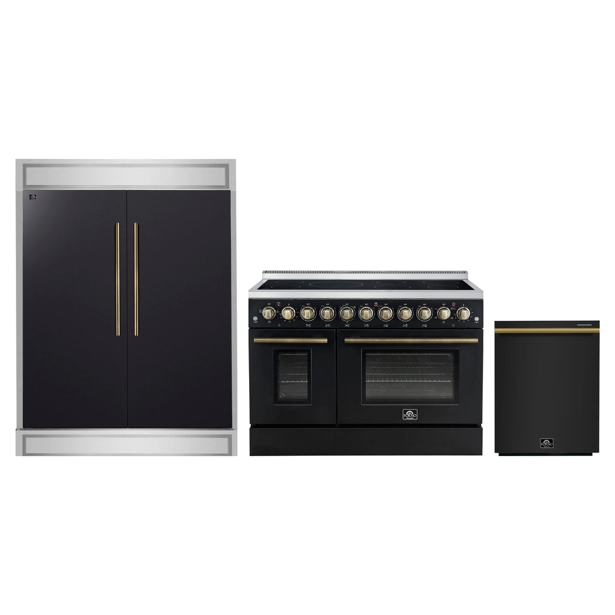 Forno 3-Piece Appliance Package - 48-Inch Electric Range, 60-Inch Refrigerator and Dishwasher in Black with Antique Brass Trim