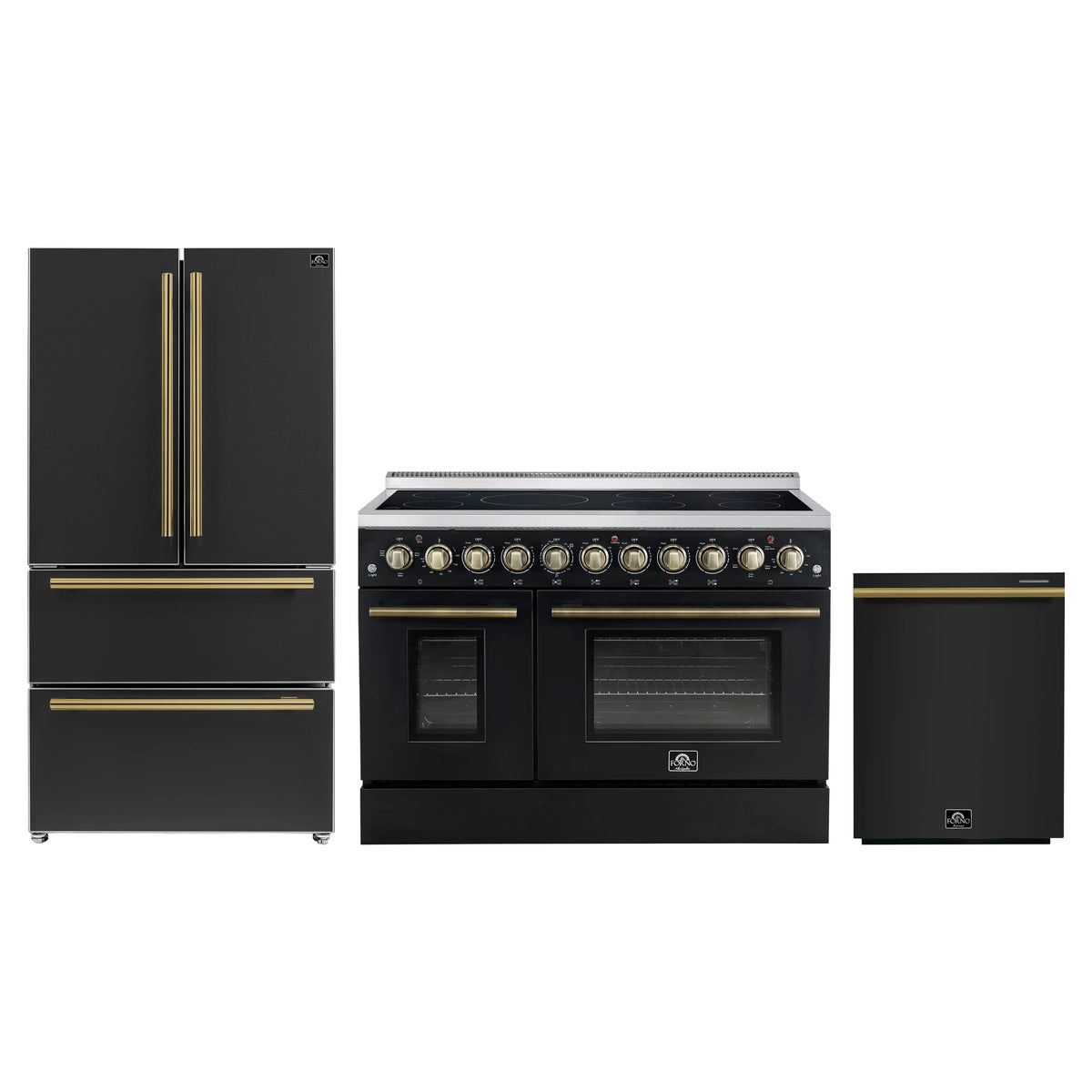 Forno 3-Piece Appliance Package - 48-Inch Electric Range, 36-Inch Refrigerator and Dishwasher in Black with Antique Brass Trim