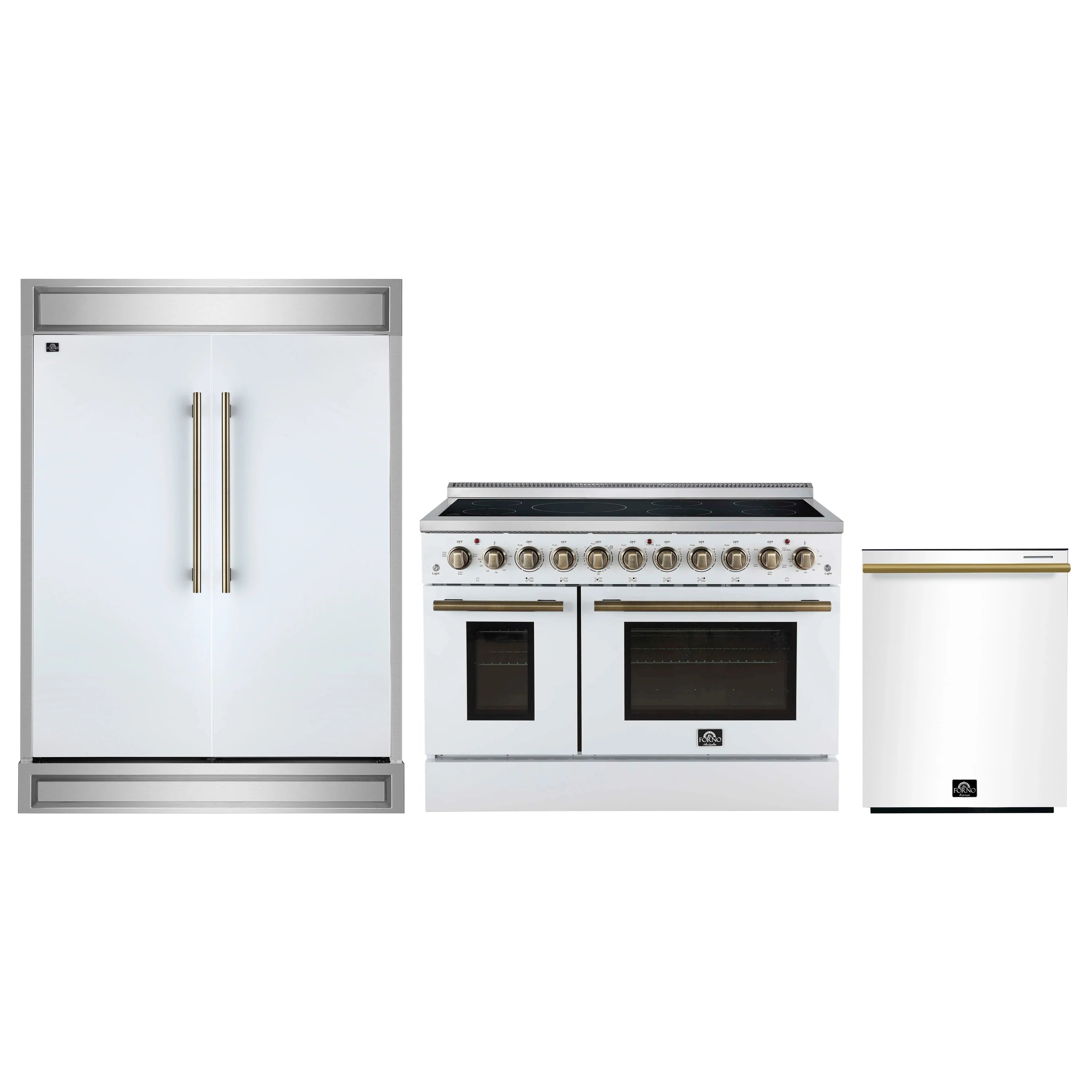 White appliance package with electric range, wall hood, and refrigerator doors