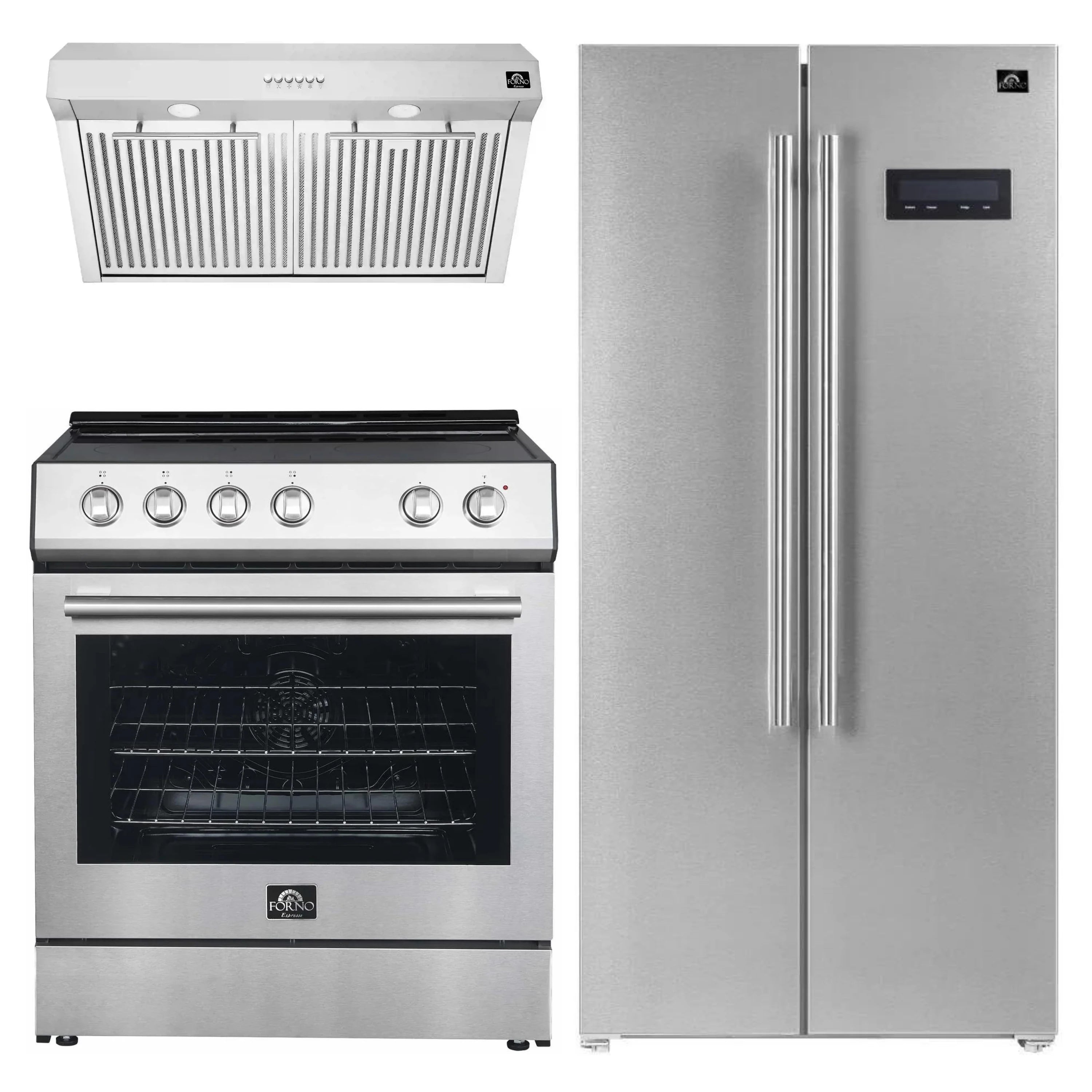 Stainless 3-piece appliance set: electric range, built-in refrigerator, range hood