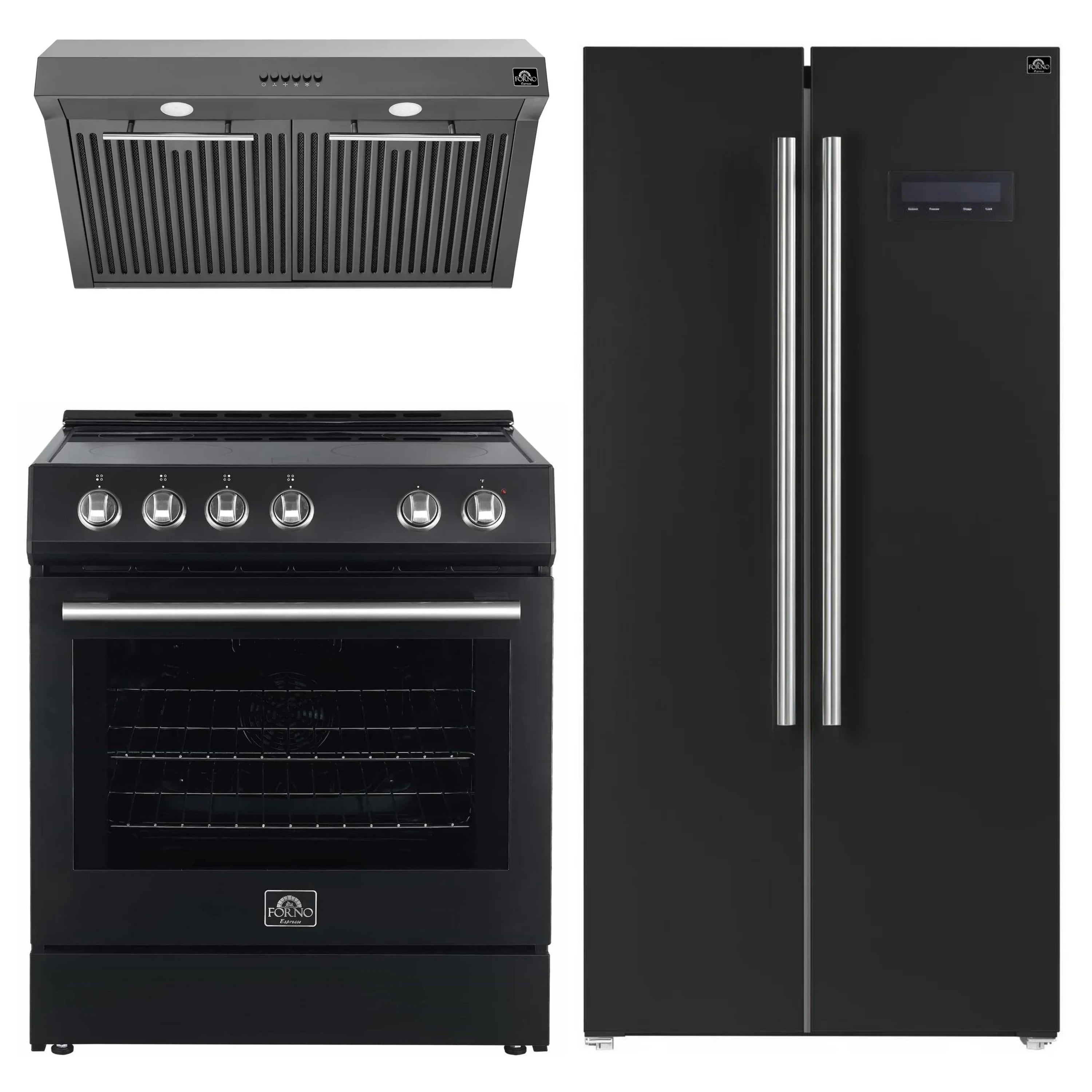 Black 3-piece kitchen appliance set with range hood, electric range, and double-door refrigerator