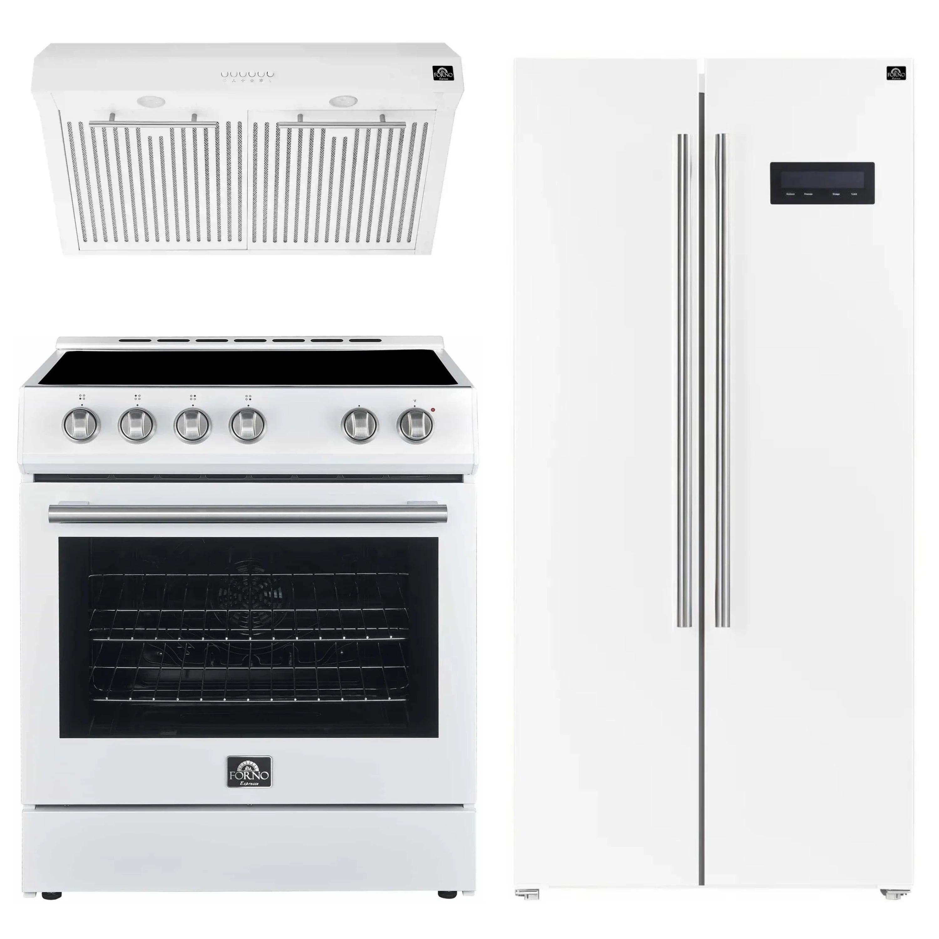 White electric range and built-in refrigerator with stainless steel handles