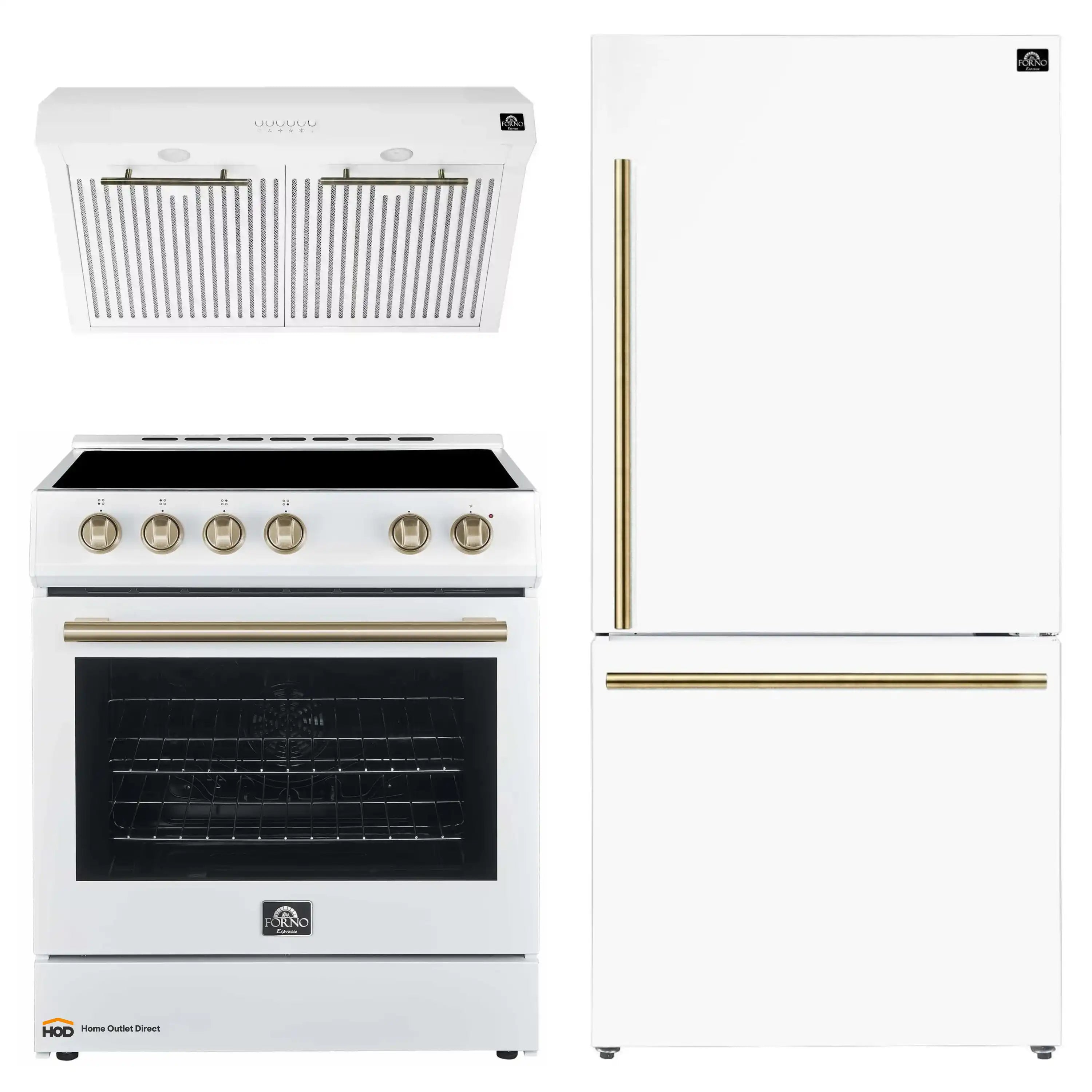 White electric range with brass knobs and hood, next to white refrigerator
