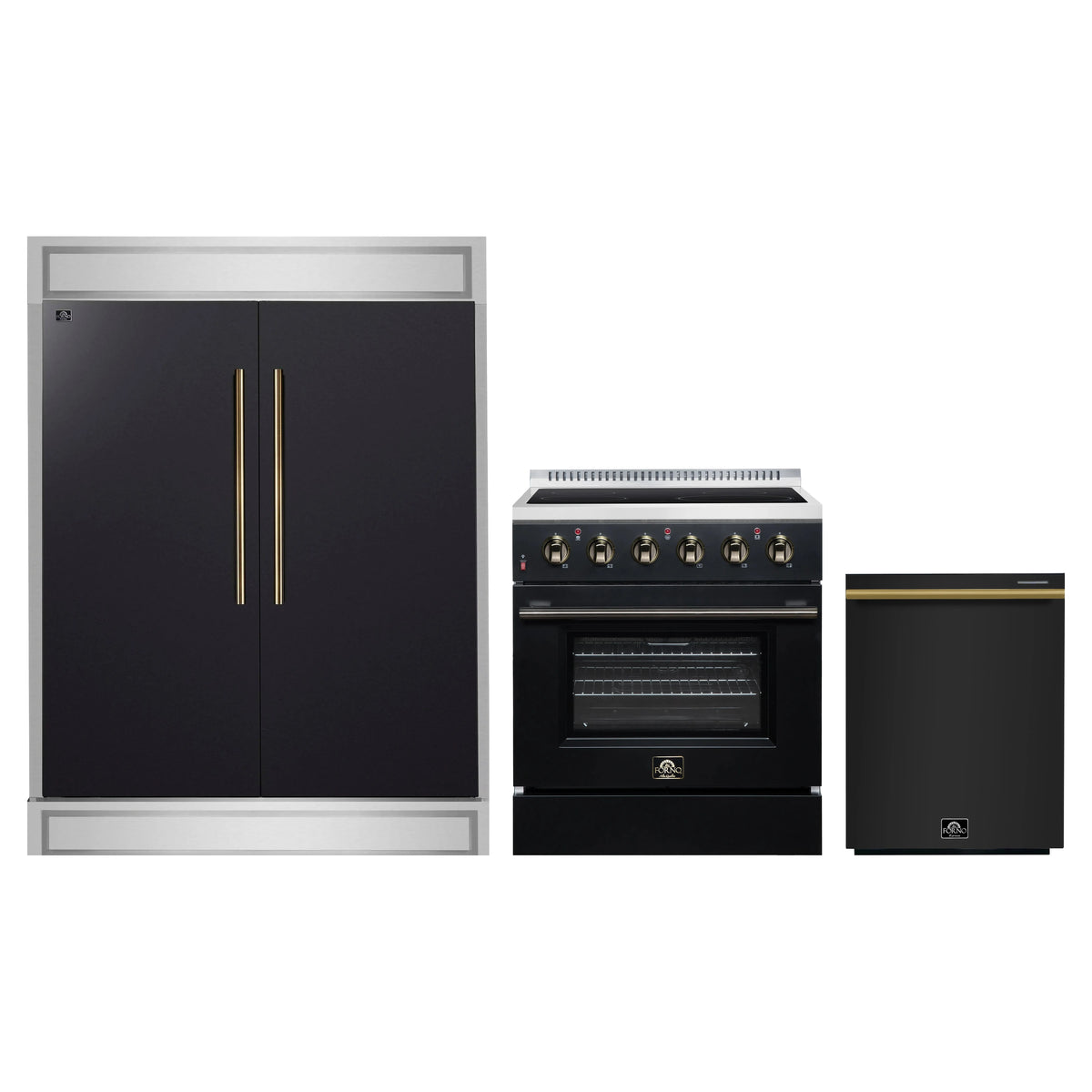 Forno 3-Piece Appliance Package - 30-Inch Electric Range, 60-Inch Refrigerator and Dishwasher in Black with Antique Brass Trim