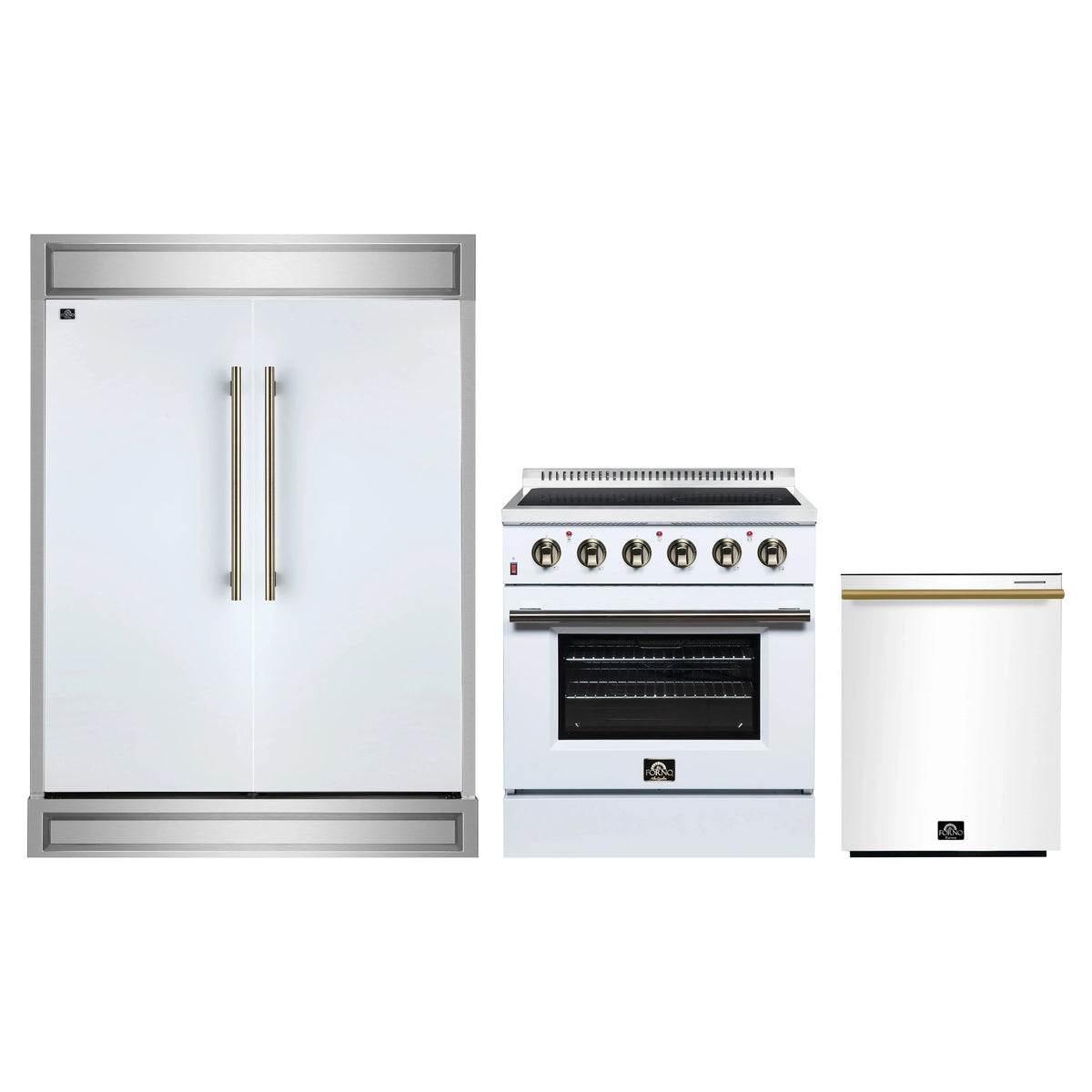 Forno 3-Piece Appliance Package - 30-Inch Electric Range, 60-Inch Refrigerator and Dishwasher in White with Antique Brass Trim