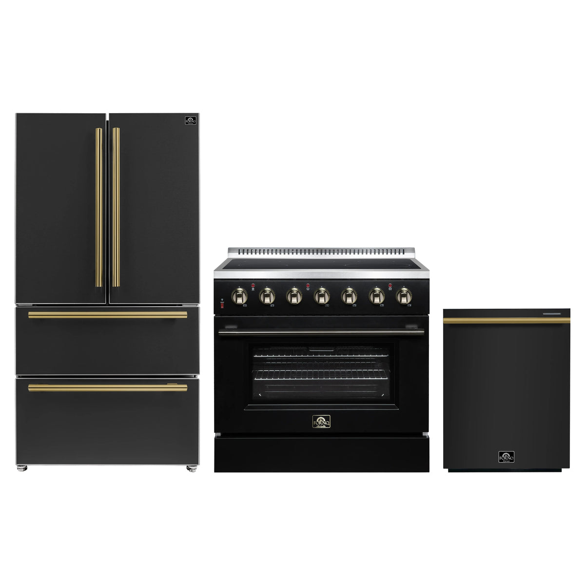Forno 3-Piece Appliance Package - 36-Inch Electric Range, 36-Inch Refrigerator and Dishwasher in Black with Antique Brass Trim