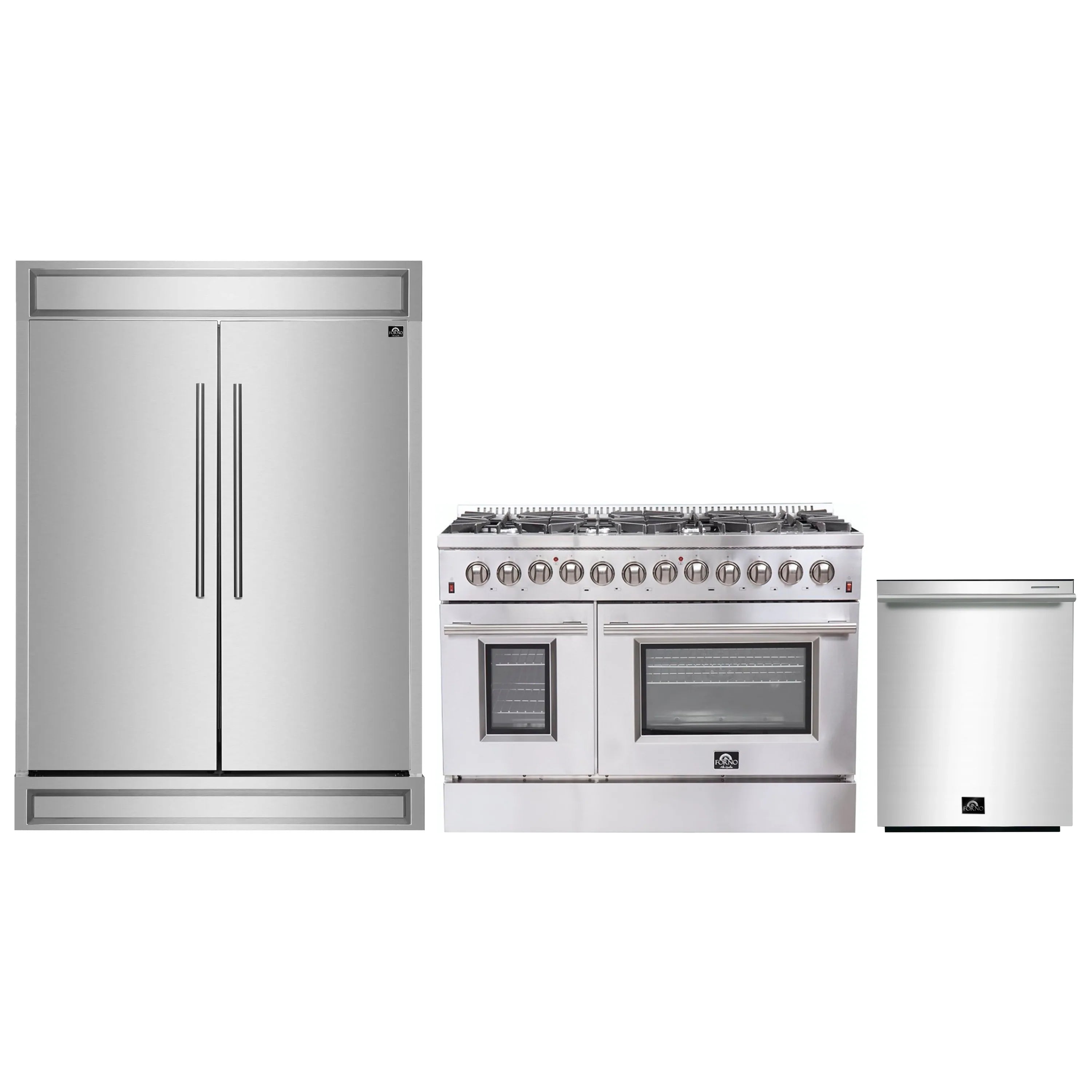Stainless steel appliance package: refrigerator, dual-fuel range, and dishwasher