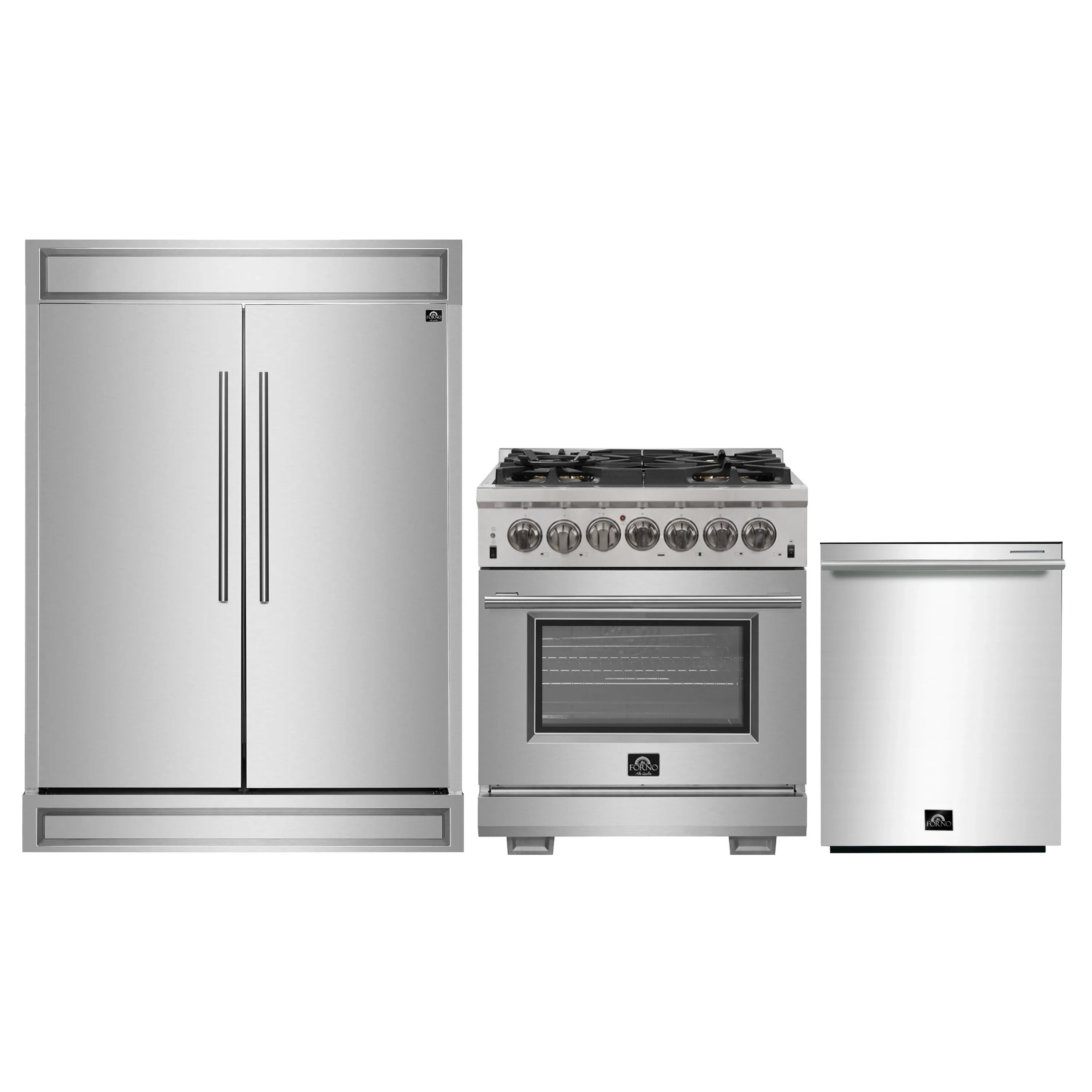 Stainless steel appliance set with refrigerator, dual-fuel range, and dishwasher