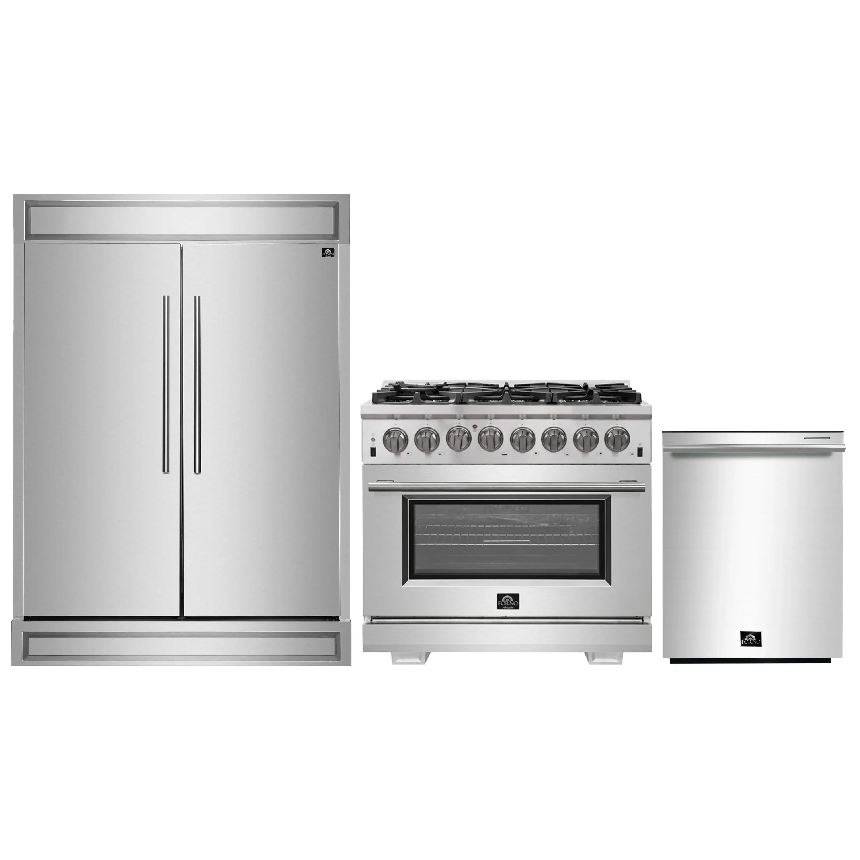 3-piece stainless appliance set with refrigerator, dual-fuel range, and dishwasher
