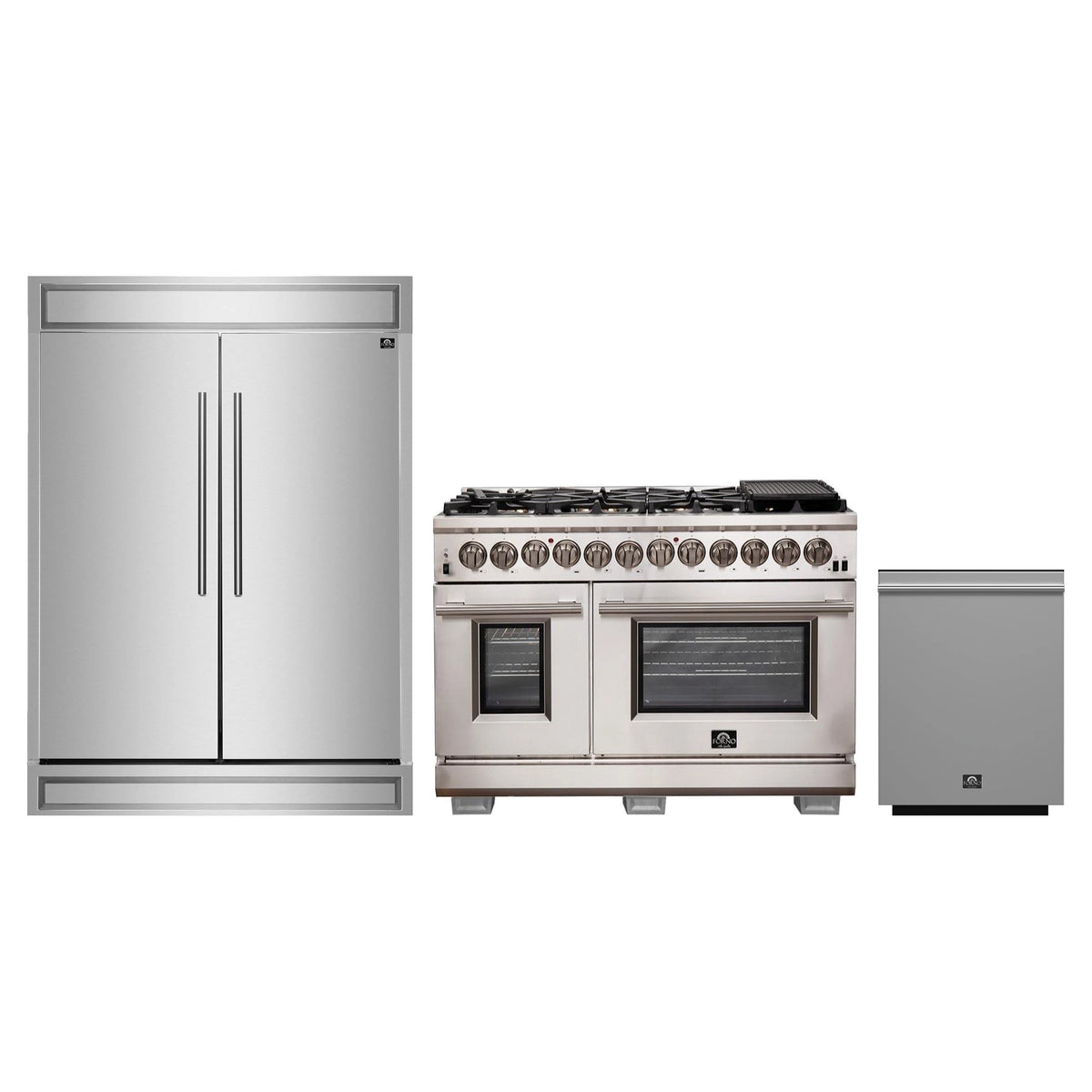Forno 3-Piece Pro Appliance Package - 48-Inch Dual Fuel Range, Pro-Style Refrigerator, and Dishwasher in Stainless Steel