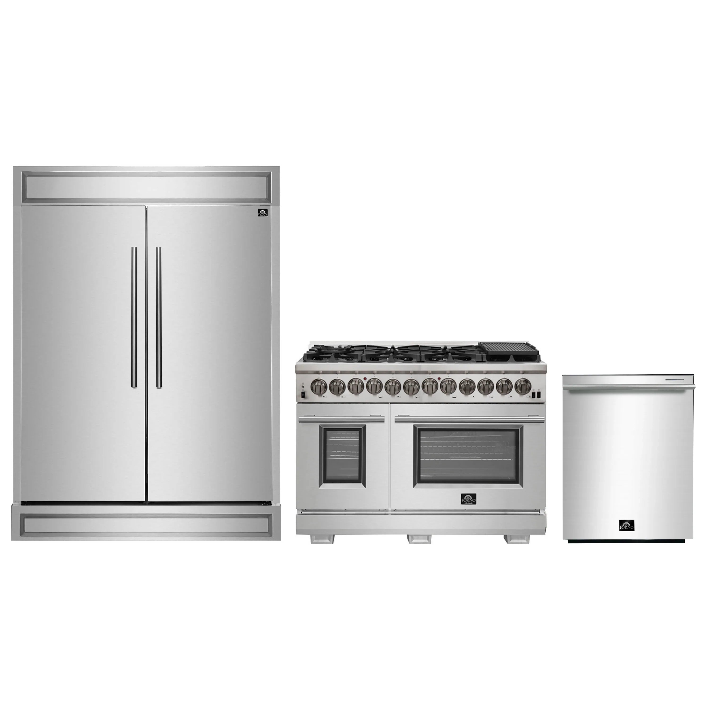 Stainless steel 3-piece pro appliance package: range, refrigerator, dishwasher