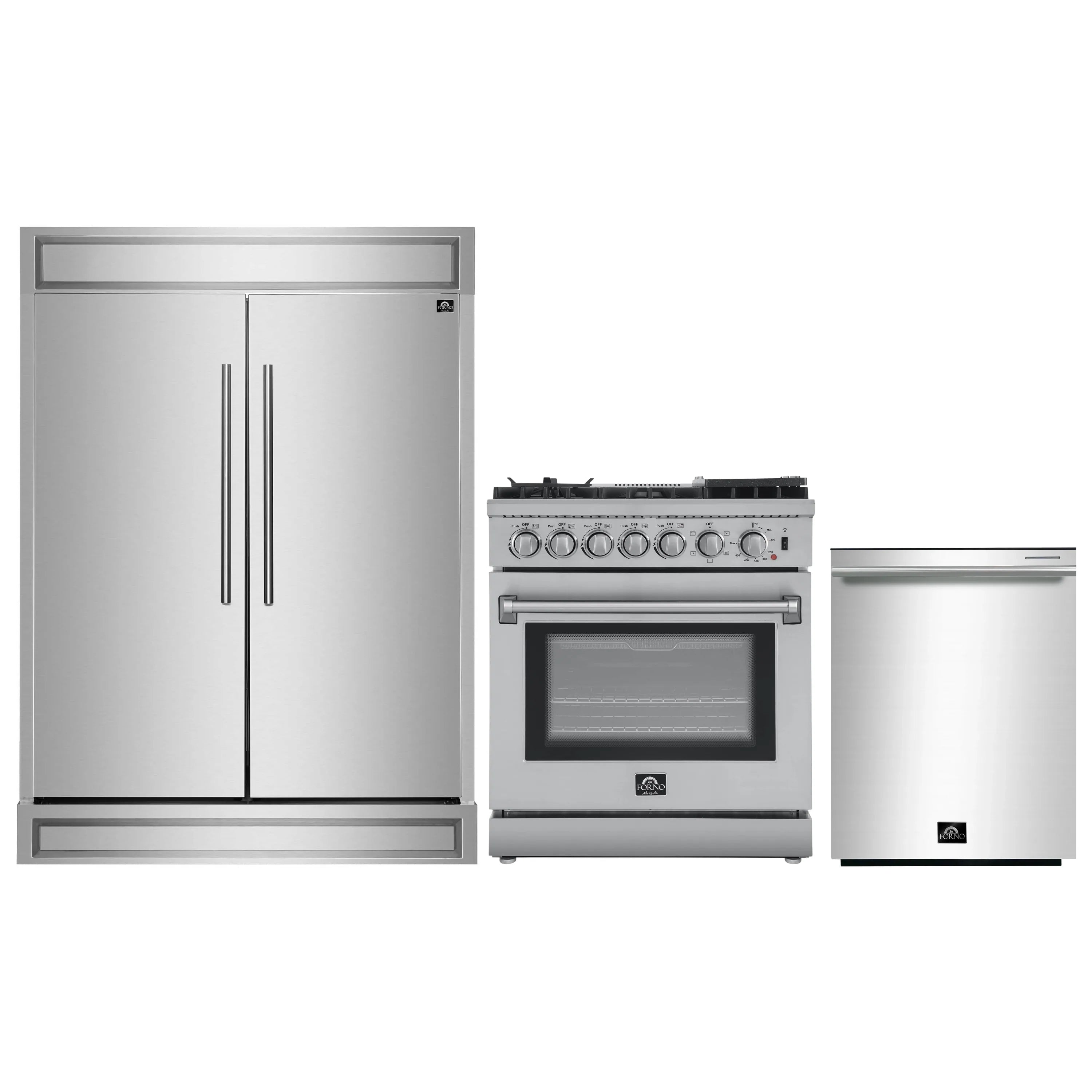 Stainless steel range oven and pro-style refrigerator with matching front doors