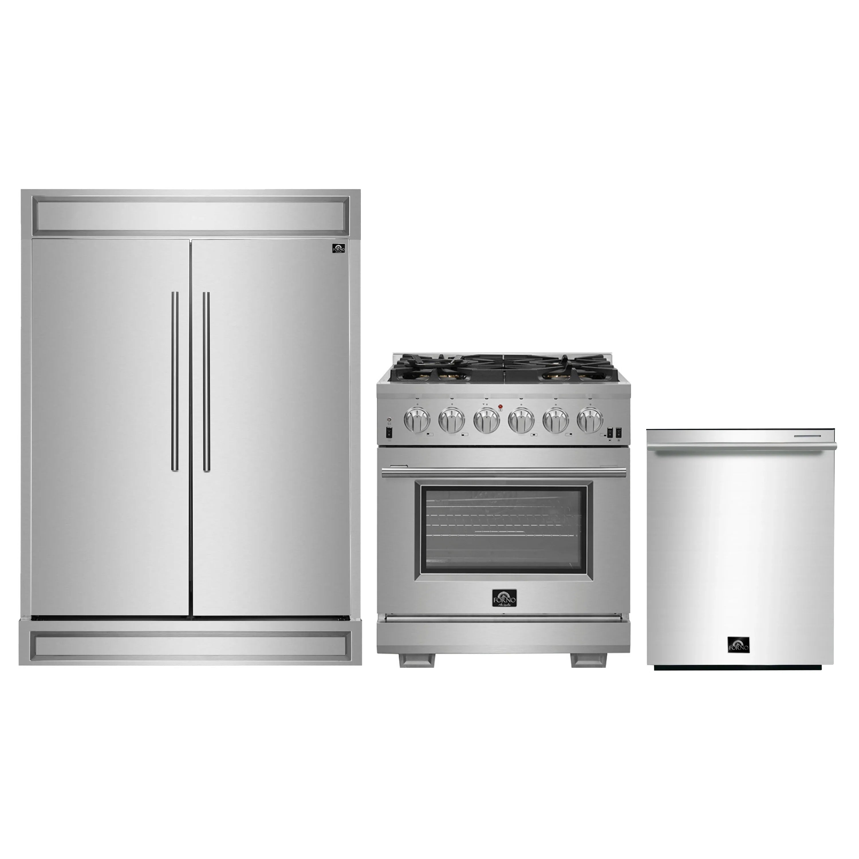 Stainless steel kitchen appliance set: refrigerator, gas range, and dishwasher