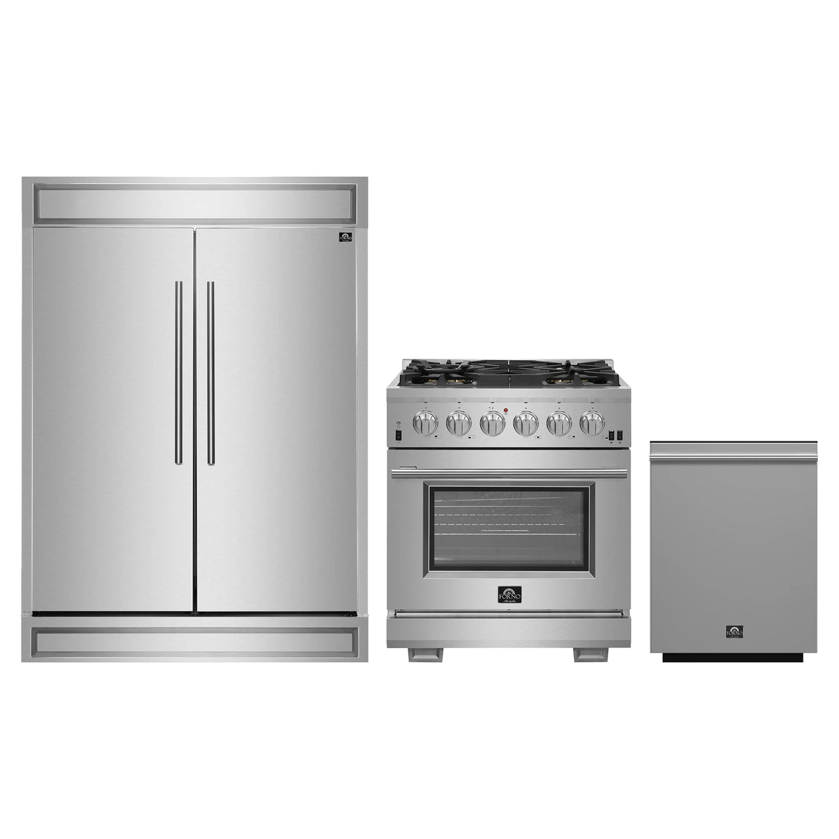 Forno 3-Piece Pro Appliance Package - 30-Inch Gas Range, Pro-Style Refrigerator, and Dishwasher in Stainless Steel