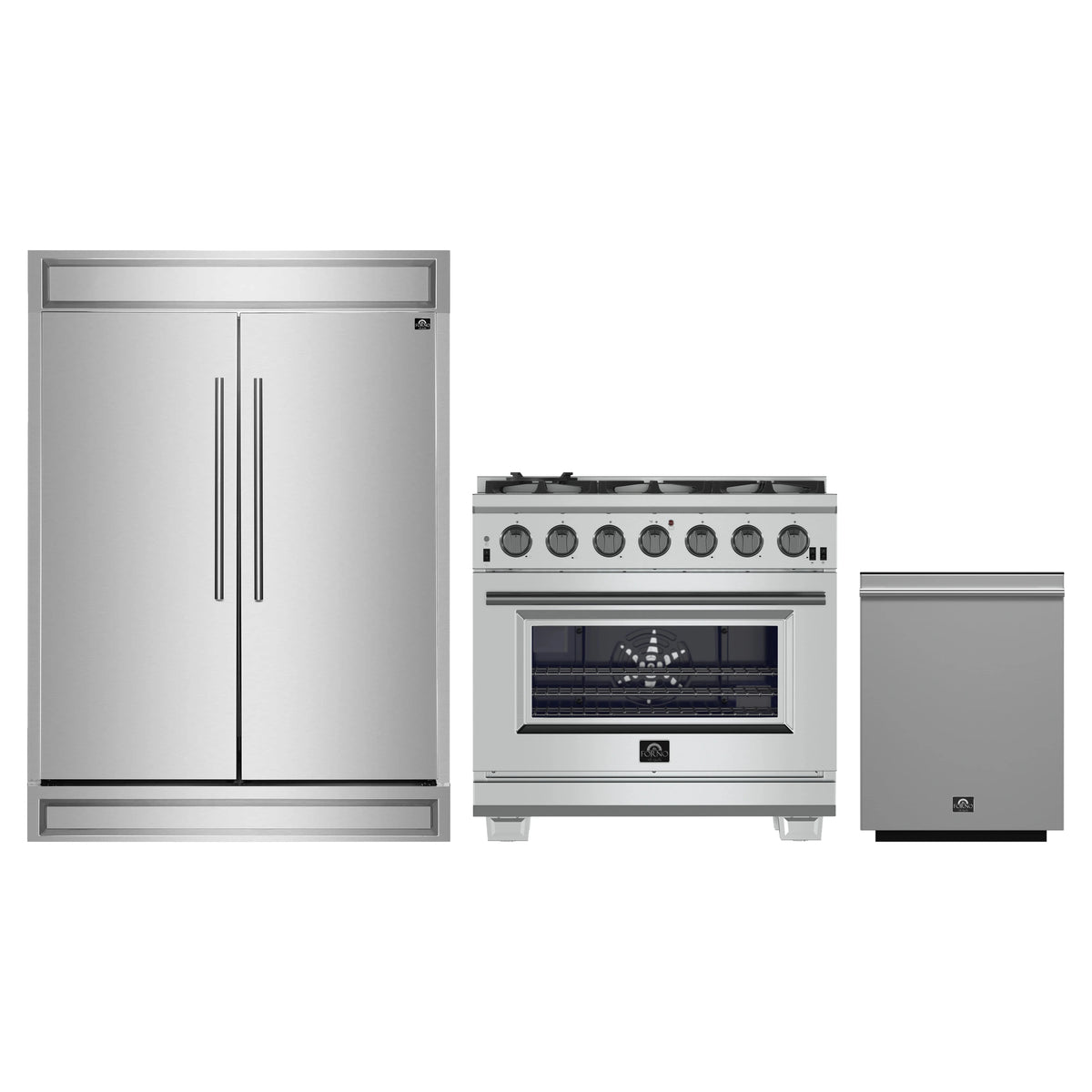 Forno 3-Piece Pro Appliance Package - 36-Inch Gas Range, Pro-Style Refrigerator, and Dishwasher in Stainless Steel