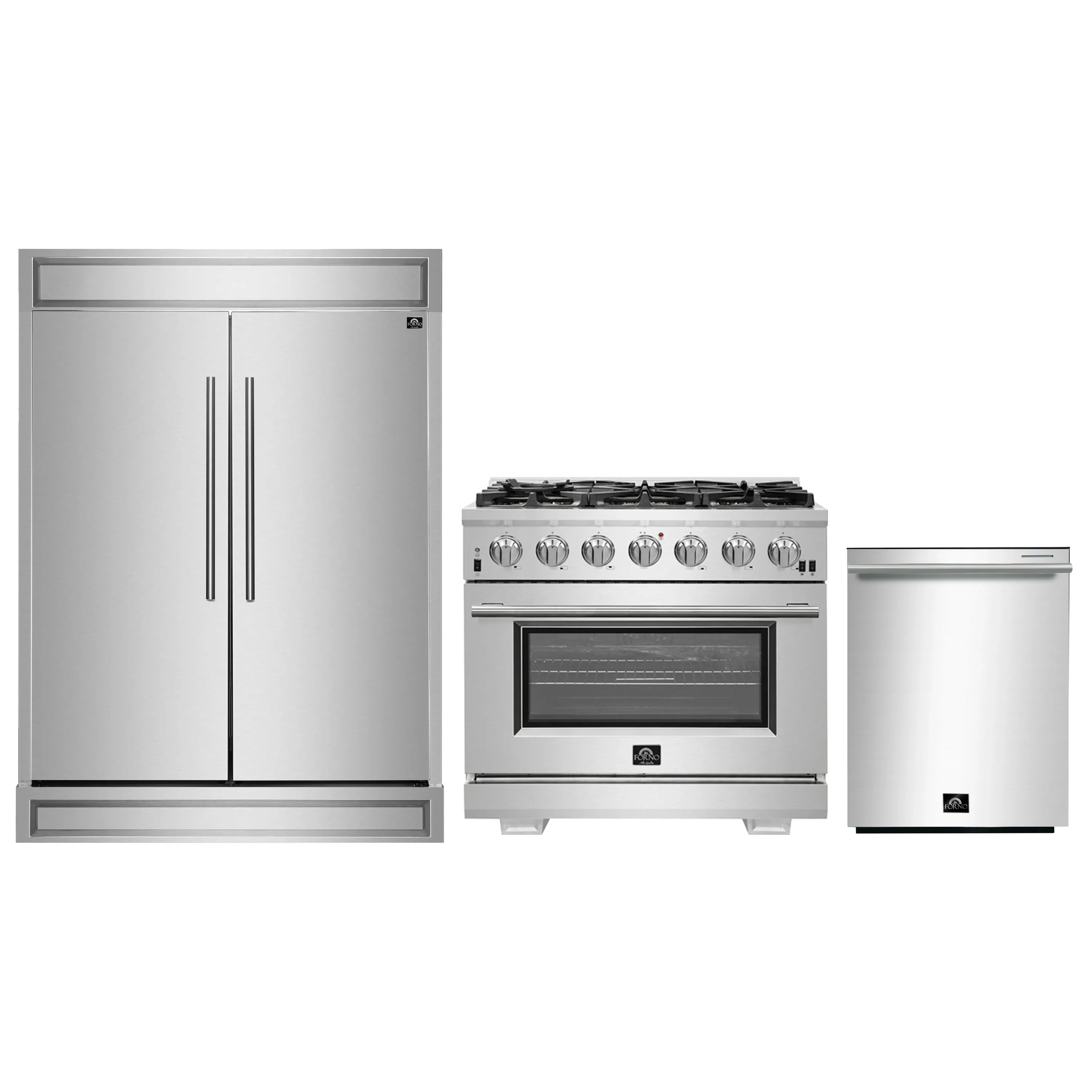 Stainless steel kitchen appliance set: refrigerator, gas range, and dishwasher