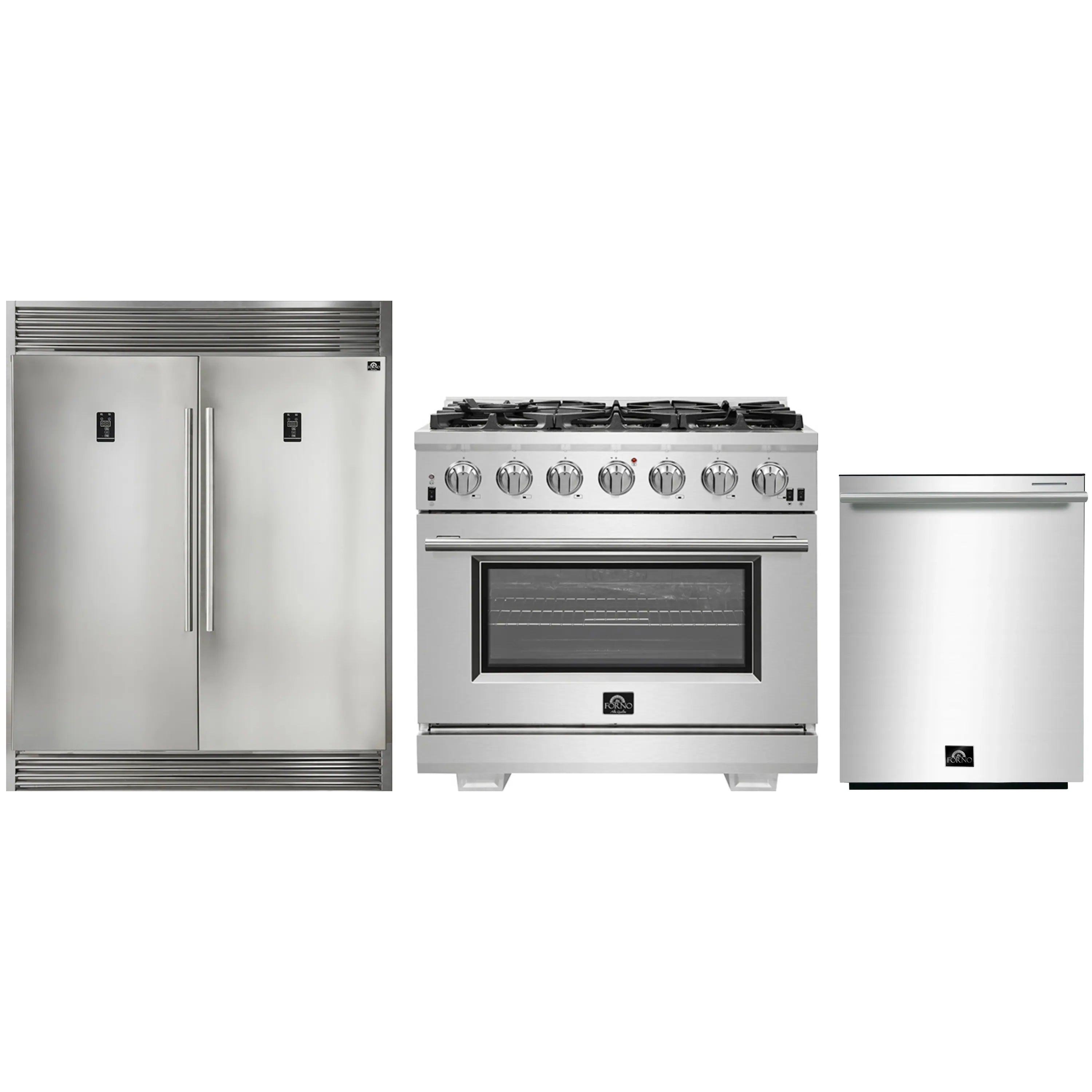 Stainless steel 3-piece appliance package with gas range, refrigerator, and dishwasher