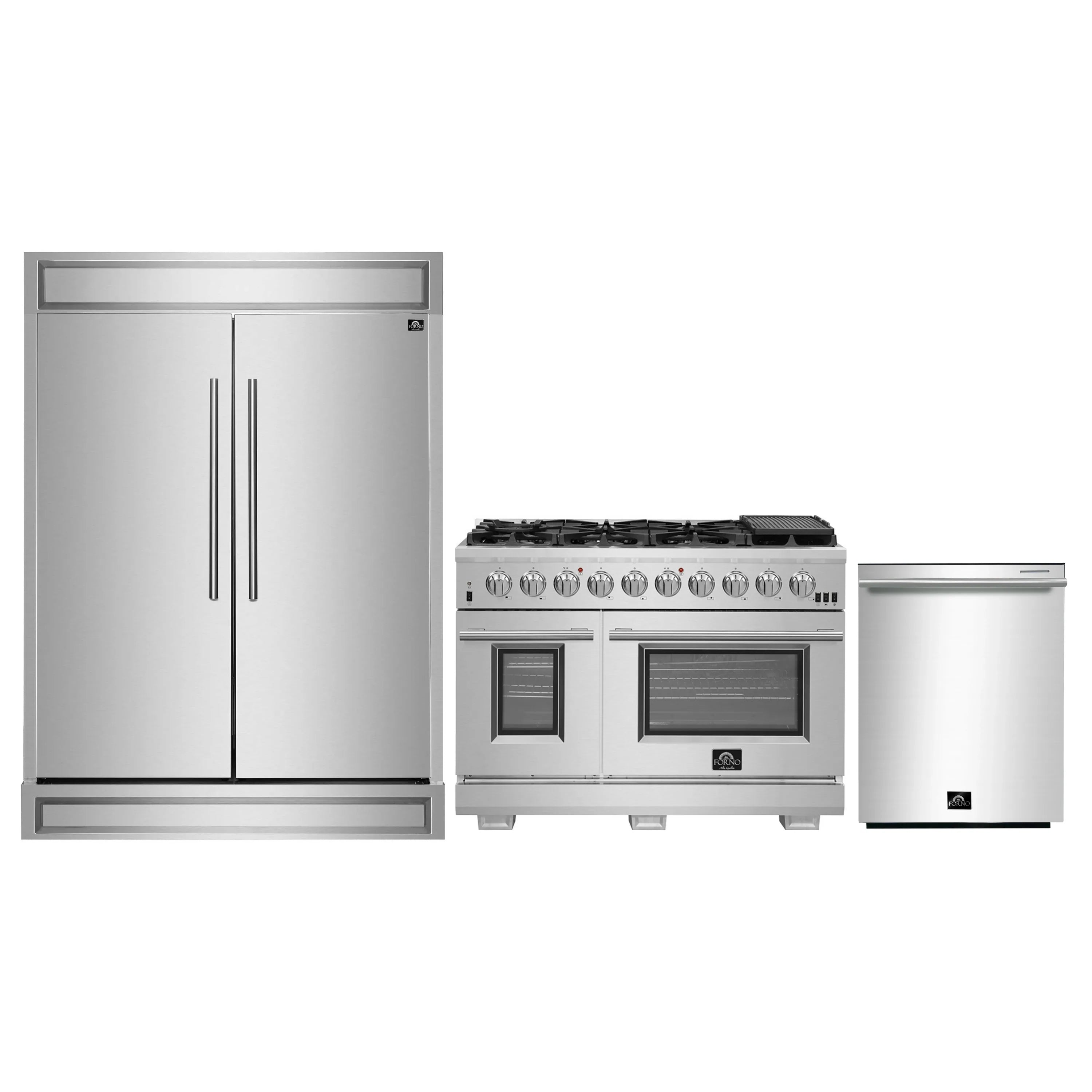 Stainless steel 3-piece appliance package: refrigerator, gas range, and dishwasher