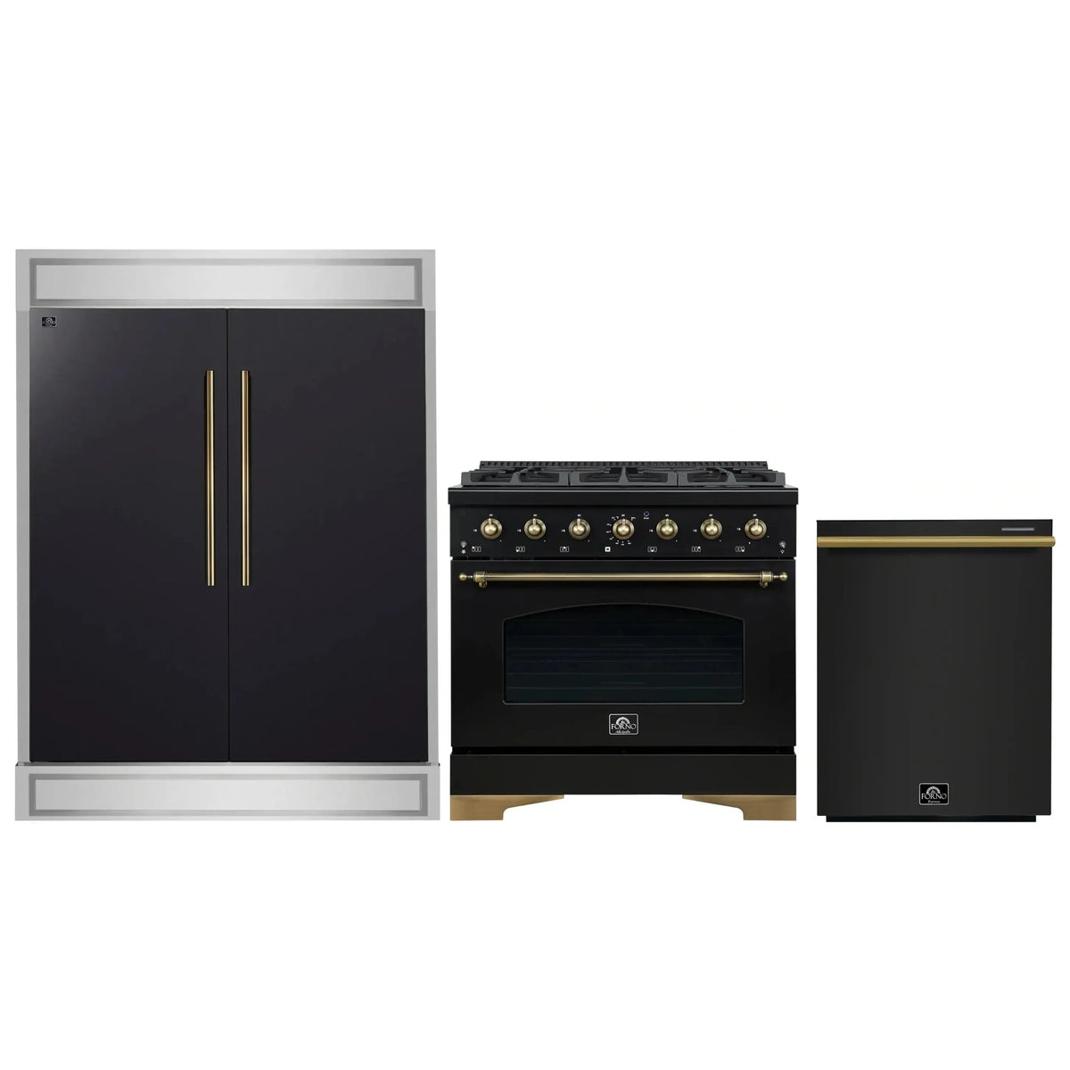 Forno 3-Piece Appliance Package - 36-Inch Dual Fuel Range, 60-Inch Convertible Refrigerator with Modern Trim, and Dishwasher in Black with Antique Brass Trim