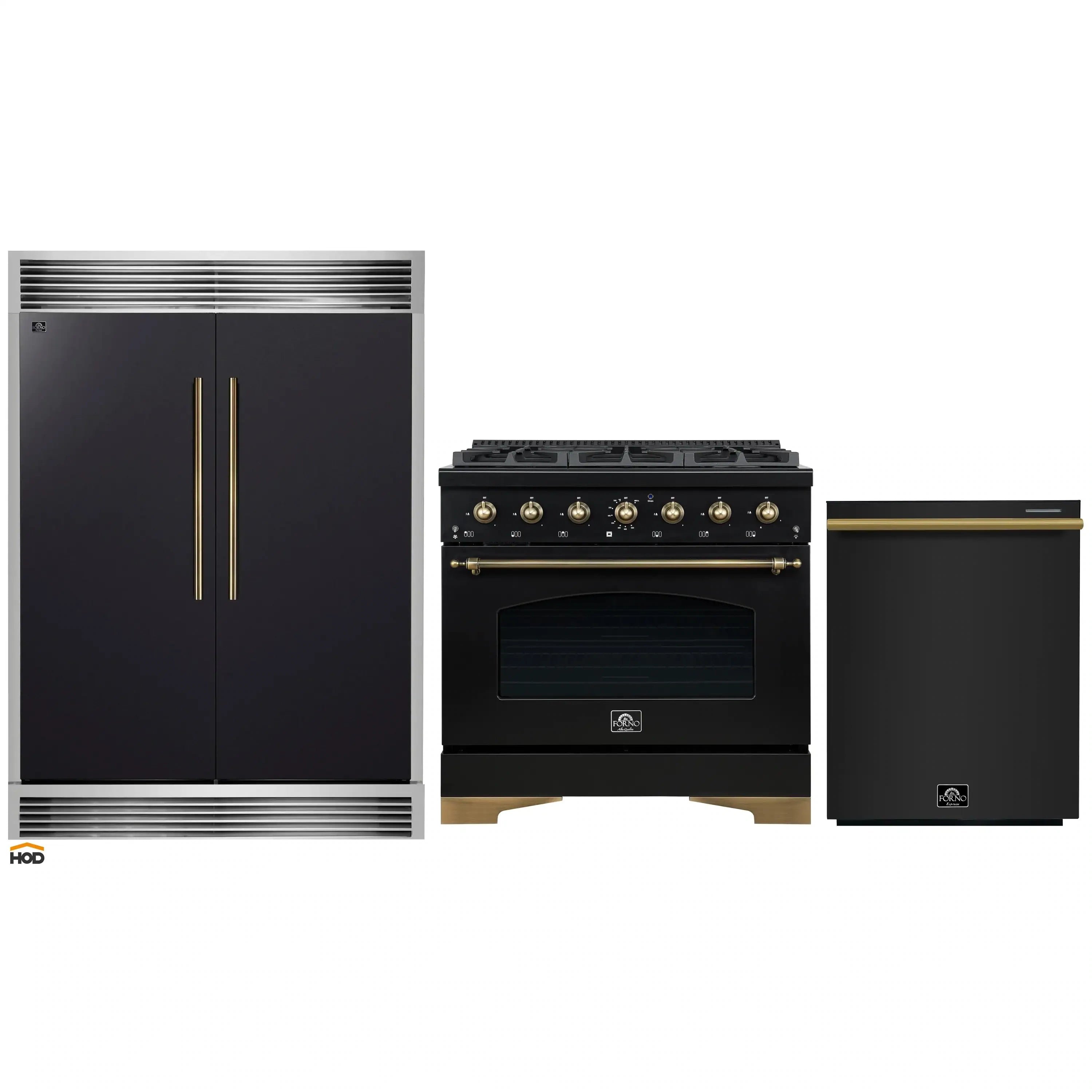 Black appliance package set with refrigerator, dual fuel range, and dishwasher with brass accents