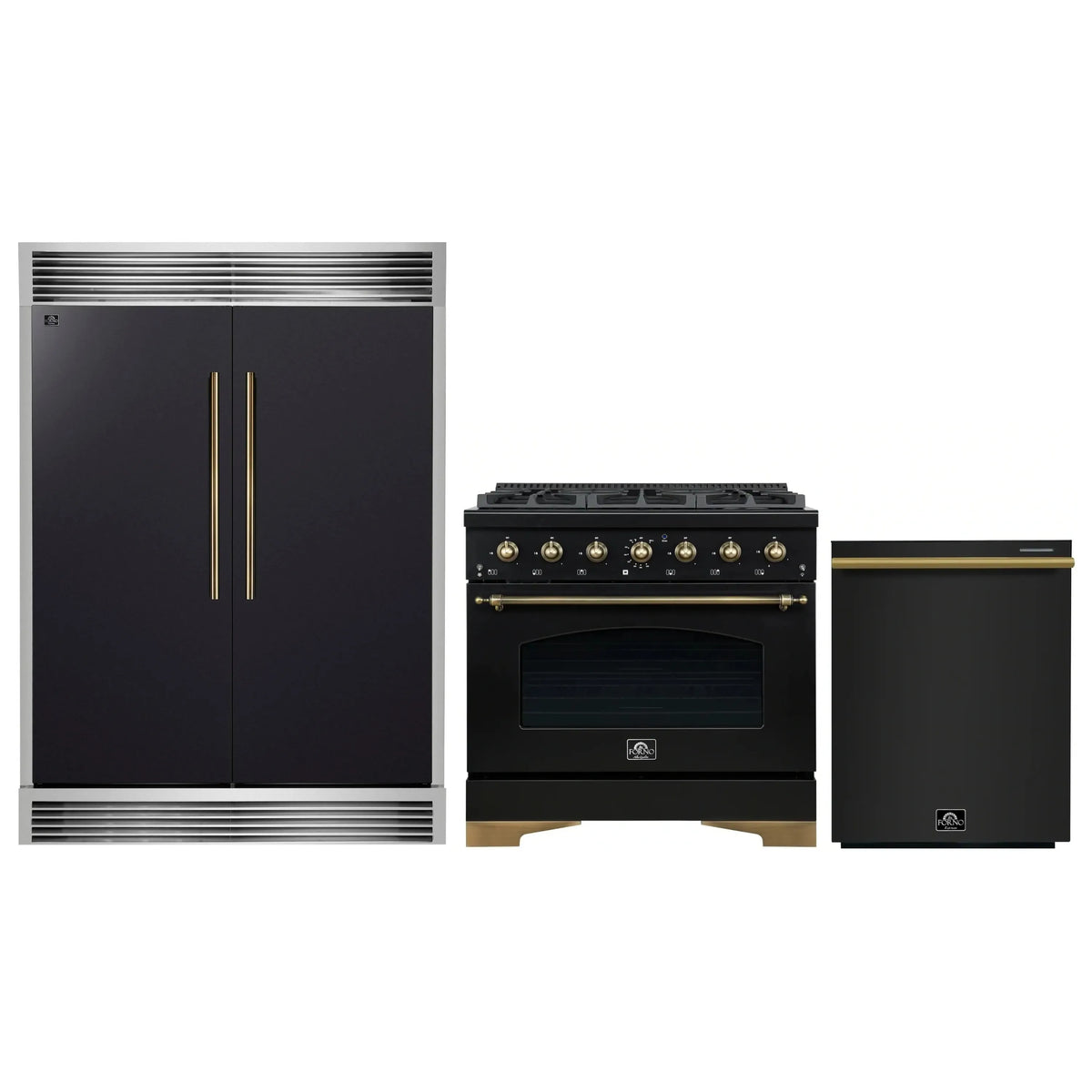 Forno 3-Piece Appliance Package - 36-Inch Dual Fuel Range, 60-Inch Convertible Refrigerator with Modern Grille Trim, and Dishwasher in Black with Antique Brass Trim
