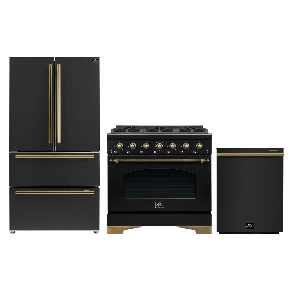 Forno Antico 3-Piece Appliance Package - 36-Inch Dual Fuel Range, 36-Inch Refrigerator, & 24-Inch Dishwasher in Black with Antique Brass Trim