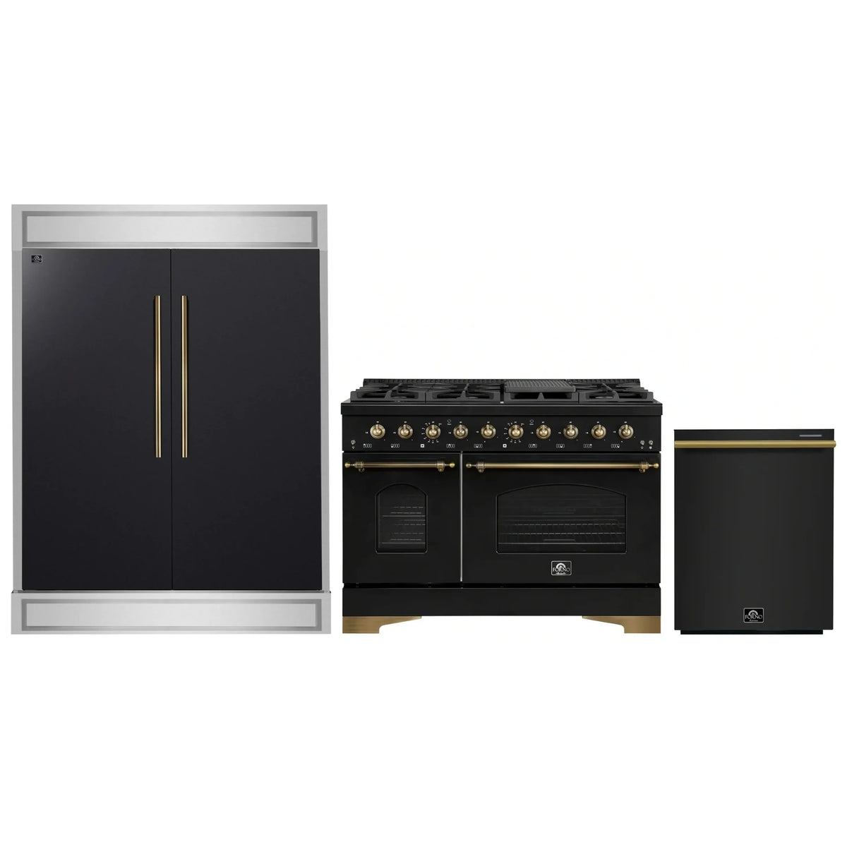 Forno 3-Piece Appliance Package - 48-Inch Dual Fuel Range, 60-Inch Convertible Refrigerator with Modern Trim, and Dishwasher in Black with Antique Brass Trim