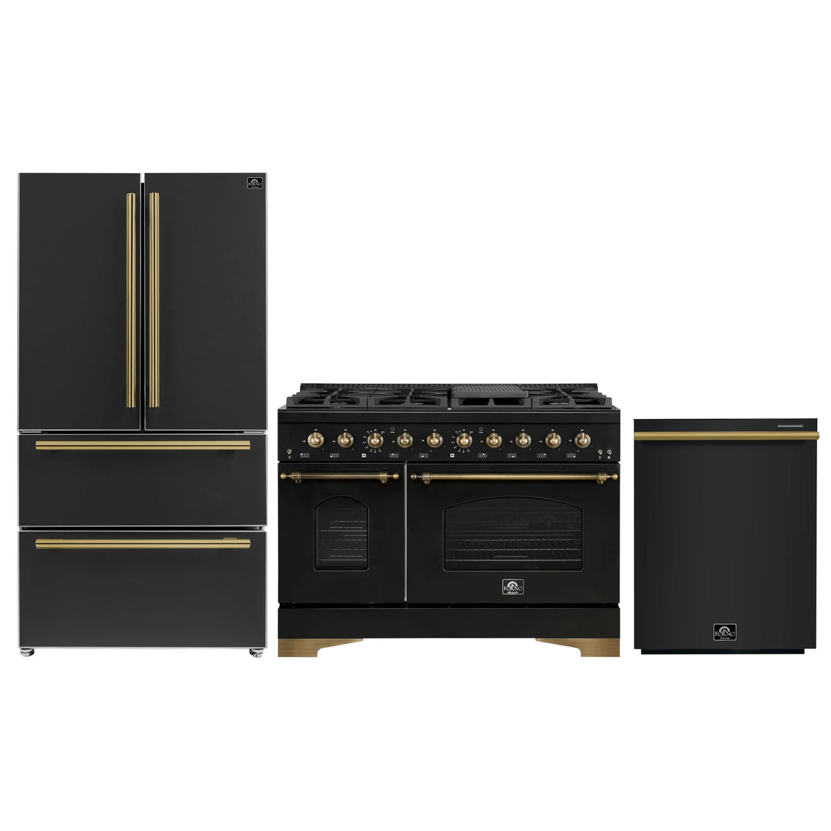 Forno Antico 3-Piece Appliance Package - 48-Inch Dual Fuel Range, 36-Inch Refrigerator, & 24-Inch Dishwasher in Black with Antique Brass Trim