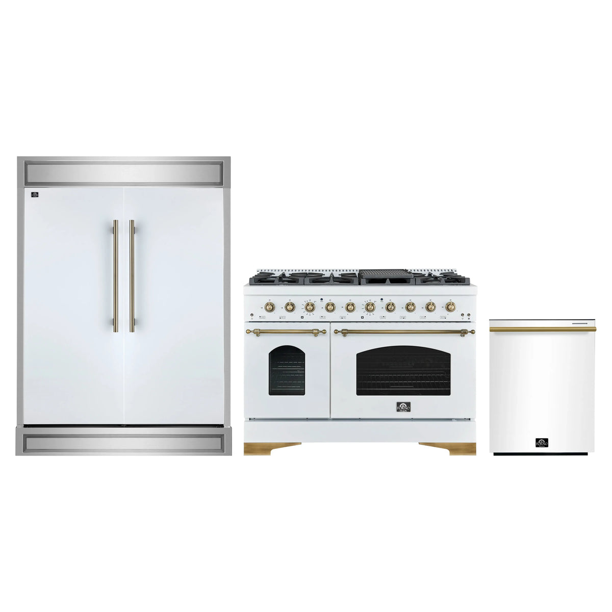 Forno 3-Piece Appliance Package - 48-Inch Dual Fuel Range, 60-Inch Refrigerator, Dishwasher in White with Antique Brass Trim
