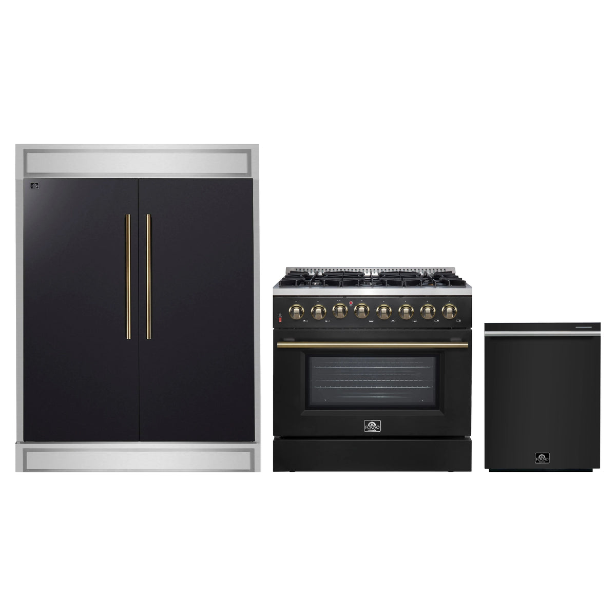 Forno 3-Piece Appliance Package - 36-Inch Dual Fuel Range, 60-Inch Convertible Refrigerator with Modern Trim, and Dishwasher in Black with Antique Brass Trim