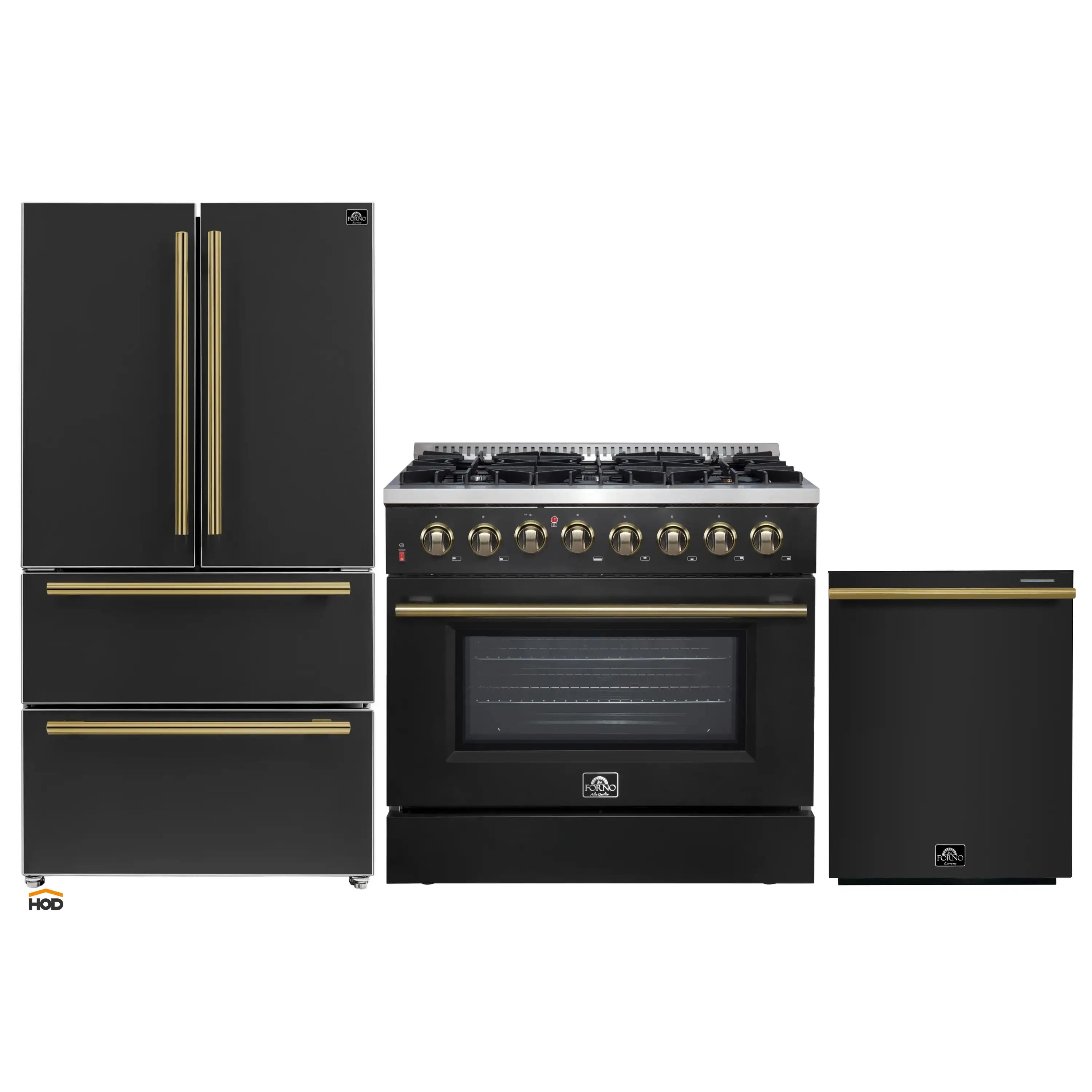 Black 3-piece appliance set: refrigerator, range, and dishwasher with brass accents