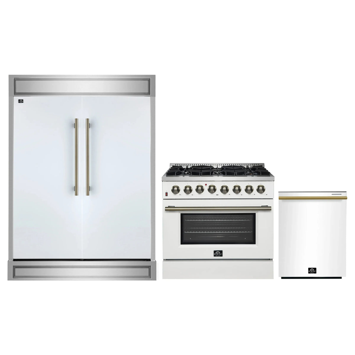 Forno 3-Piece Appliance Package - 36-Inch Dual Fuel Range, 60-Inch Refrigerator, Dishwasher in White with Antique Brass Trim