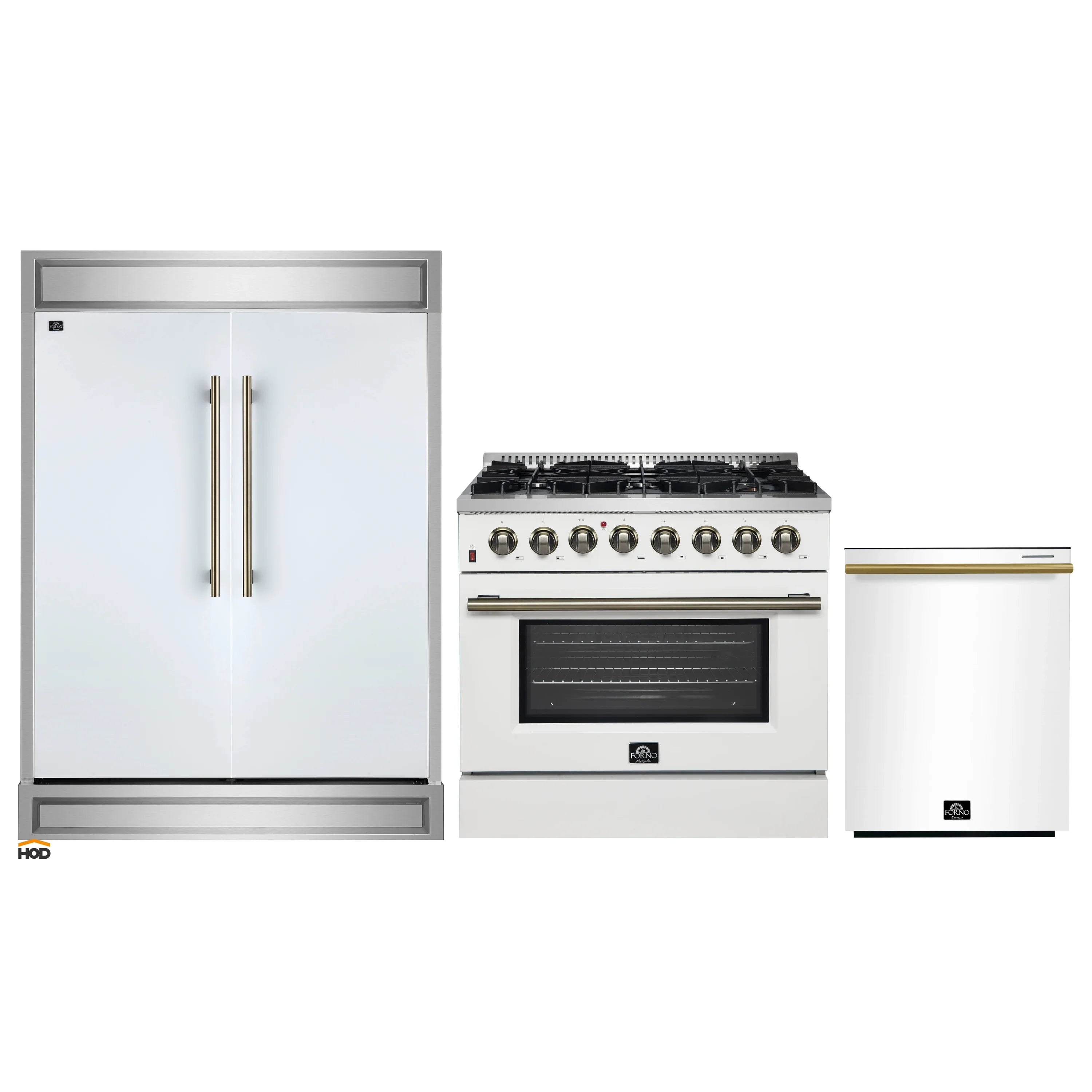 White refrigerator, dual fuel range, and dishwasher set with brass accents