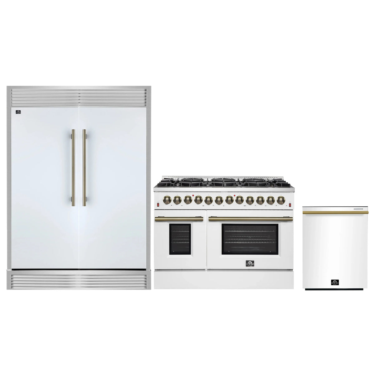 Forno 3-Piece Appliance Package - 48-Inch Galiano Dual Fuel Range, 60-Inch Refrigerator, Dishwasher in White with Antique Brass Trim