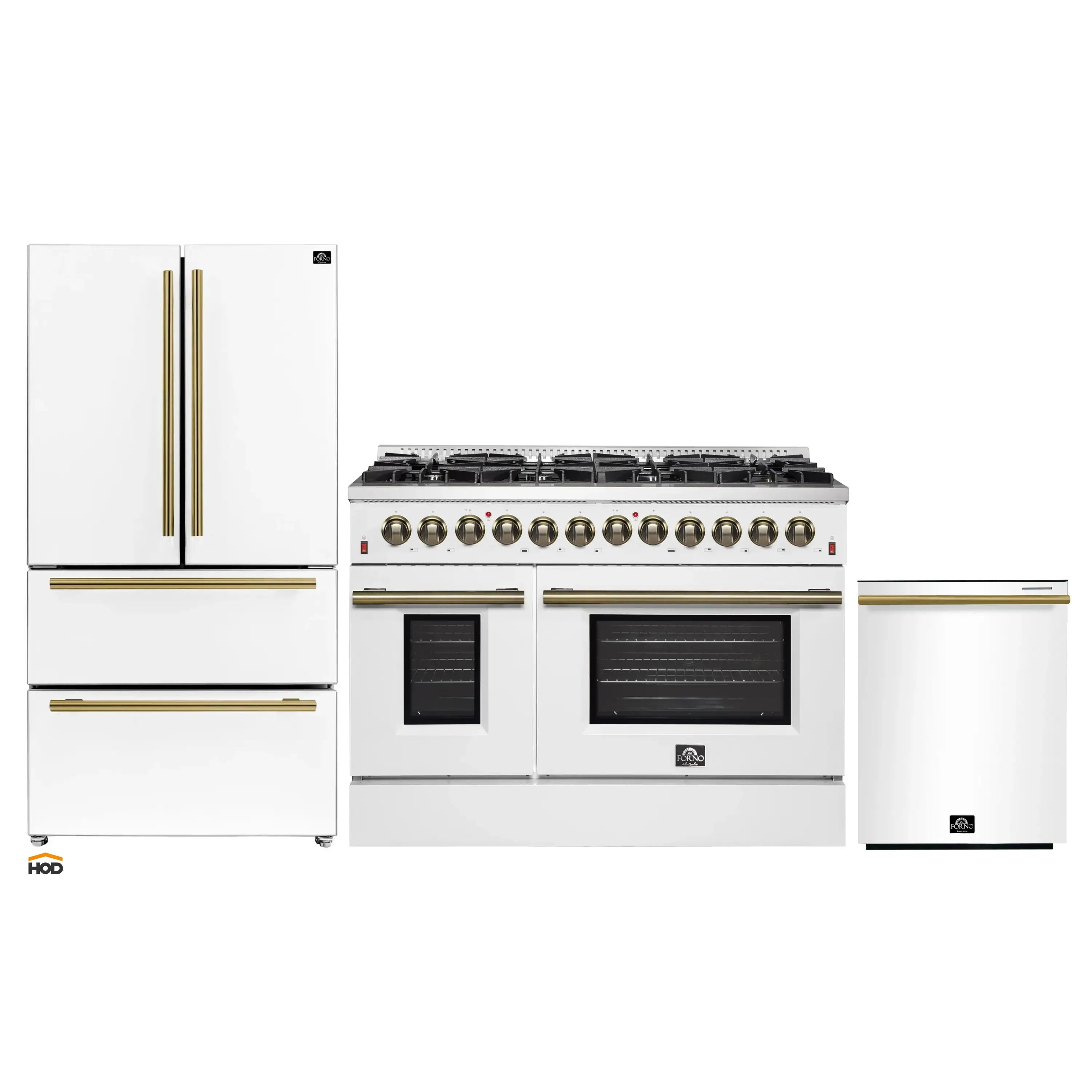 White refrigerator and white dual-fuel range with antique brass trim