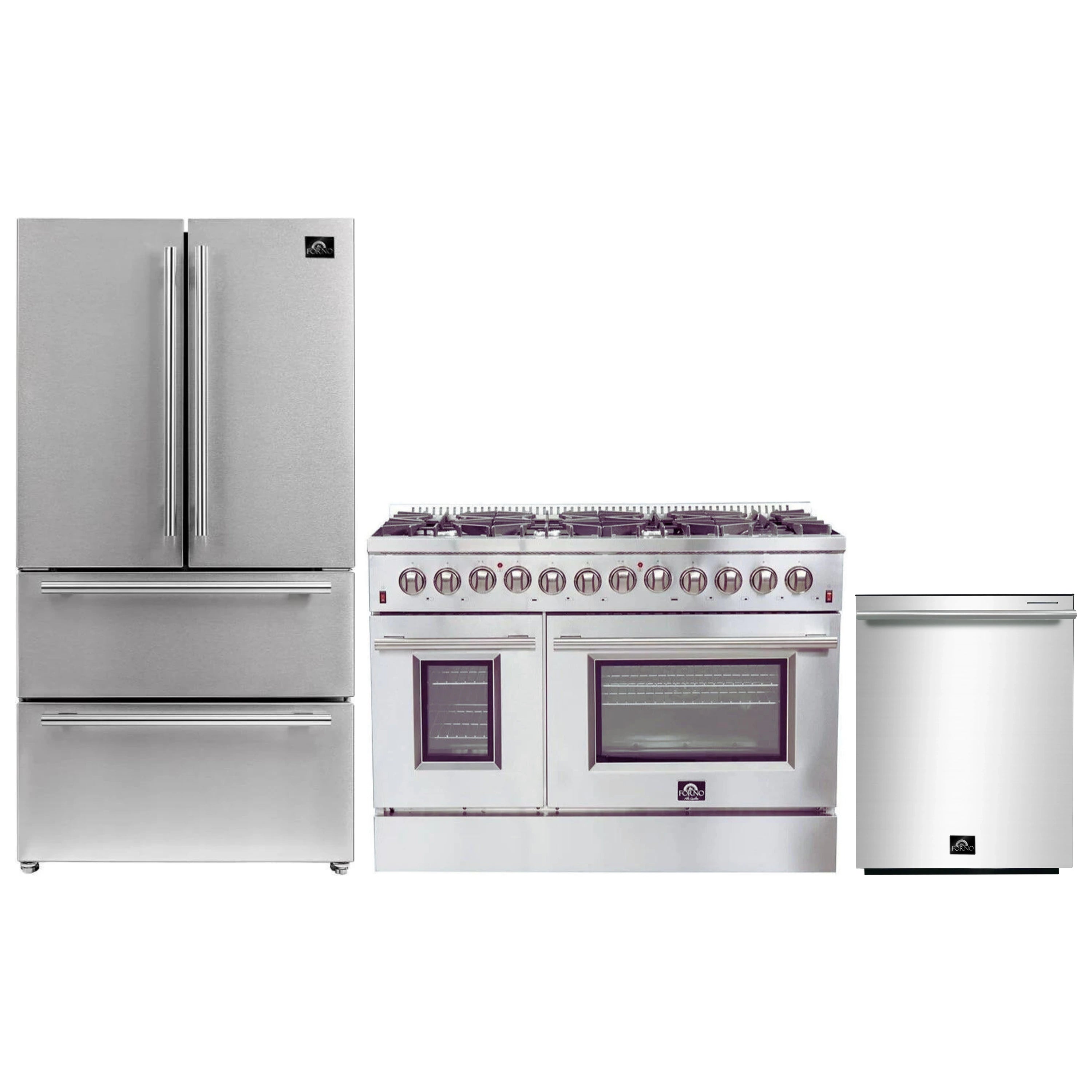Stainless steel 3-piece appliance set: French door refrigerator, range, and dishwasher