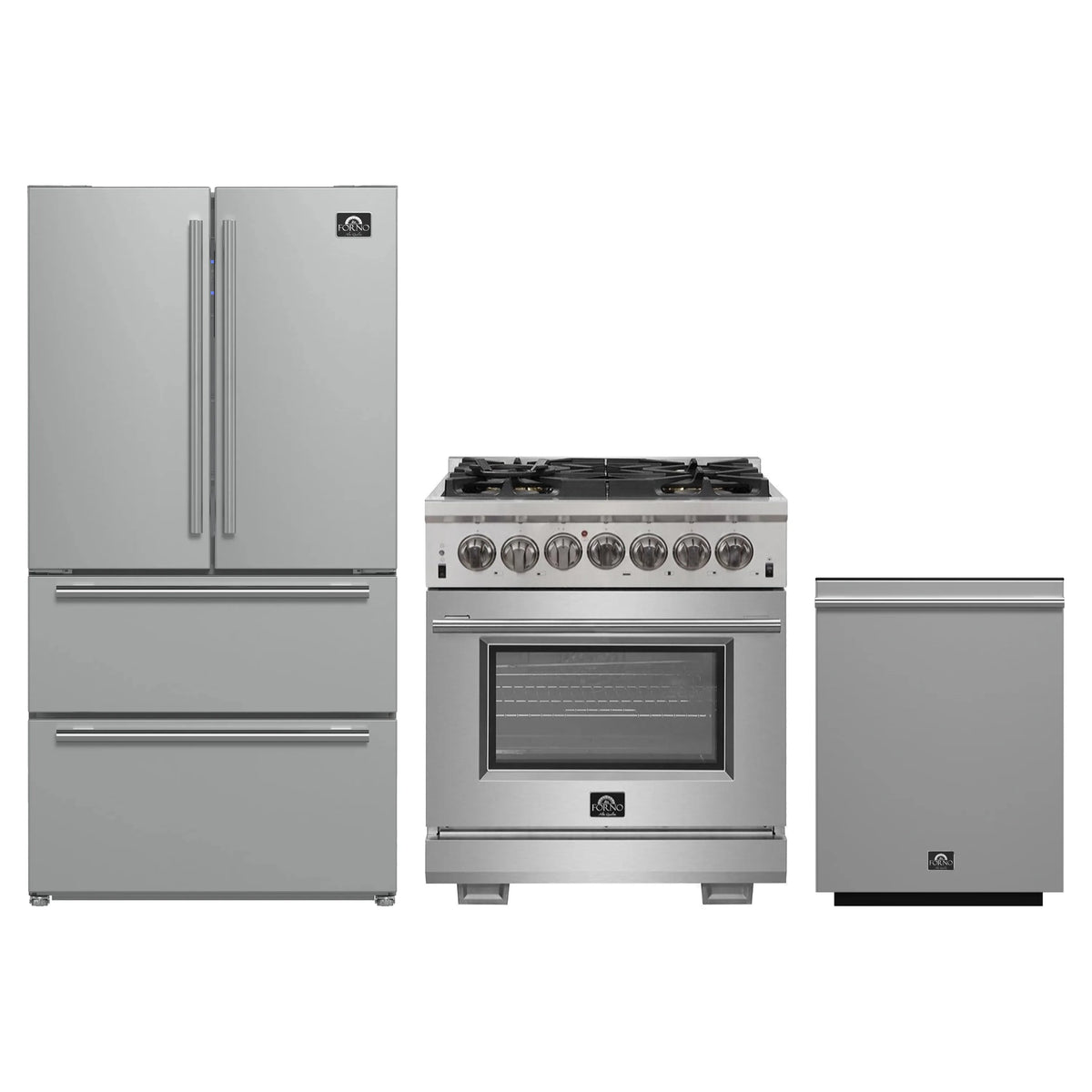 Forno 3-Piece Pro Appliance Package - 30-Inch Dual Fuel Range, French Door Refrigerator, and Dishwasher in Stainless Steel