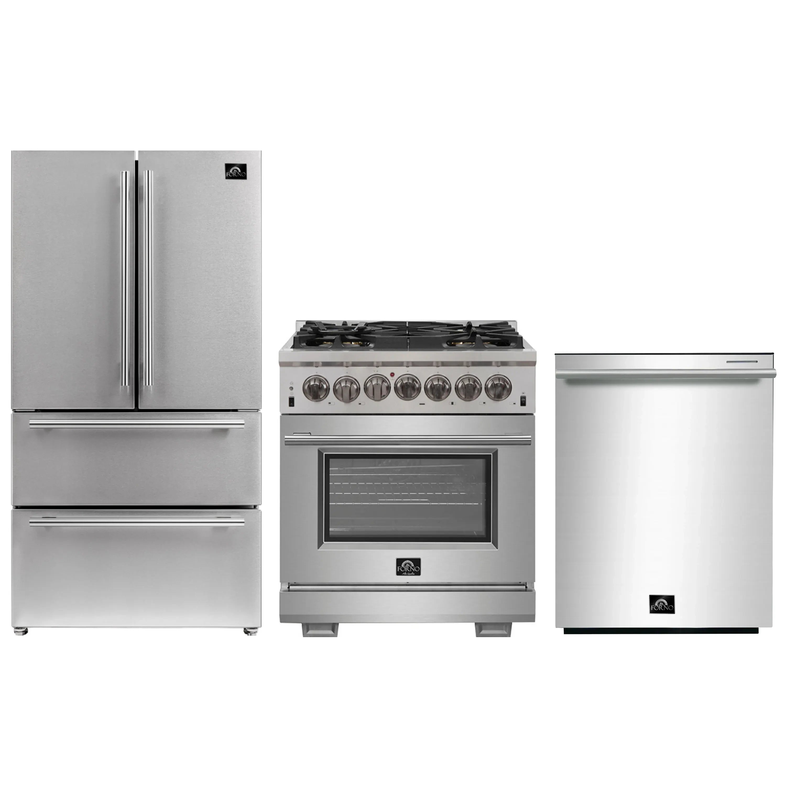 Stainless steel appliance package: French door fridge, dual fuel range, dishwasher