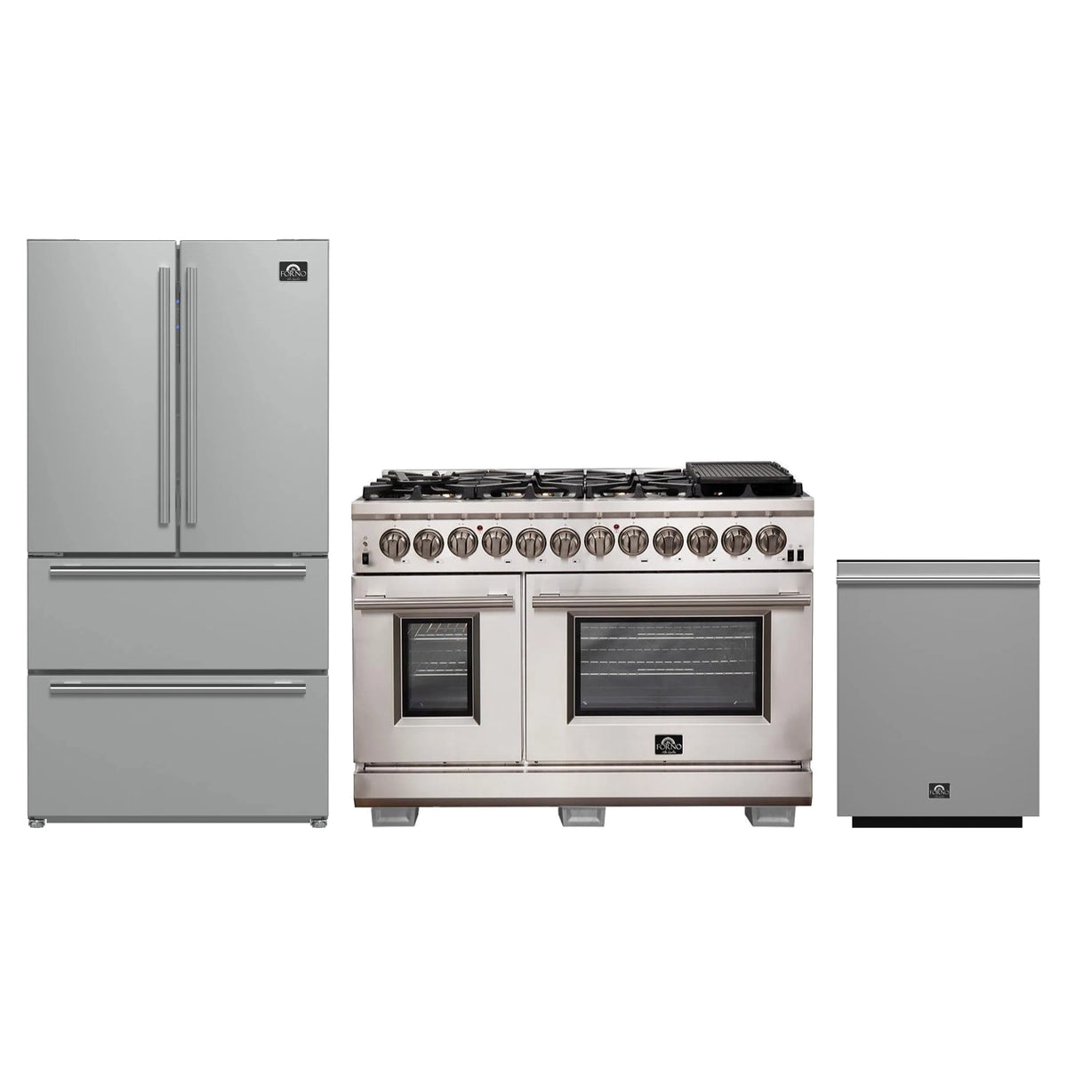 Forno 3-Piece Pro Appliance Package - 48-Inch Dual Fuel Range, French Door Refrigerator, and Dishwasher in Stainless Steel