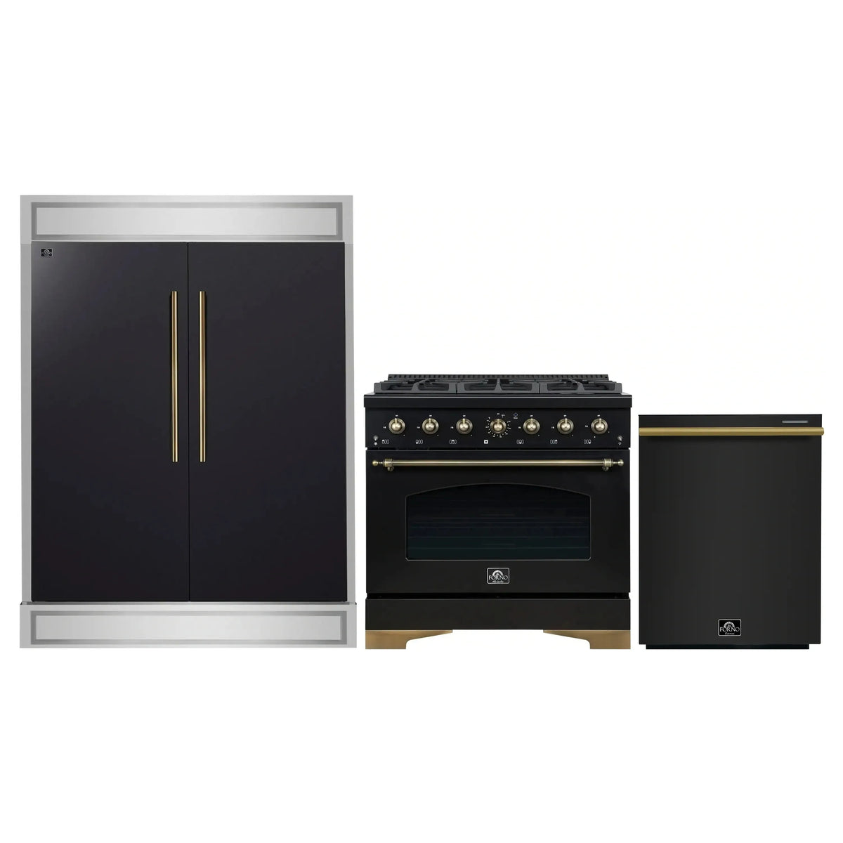 Forno 3-Piece Appliance Package - 36-Inch Gas Range, 60-Inch Convertible Refrigerator with Modern Trim, and Dishwasher in Black with Antique Brass Trim