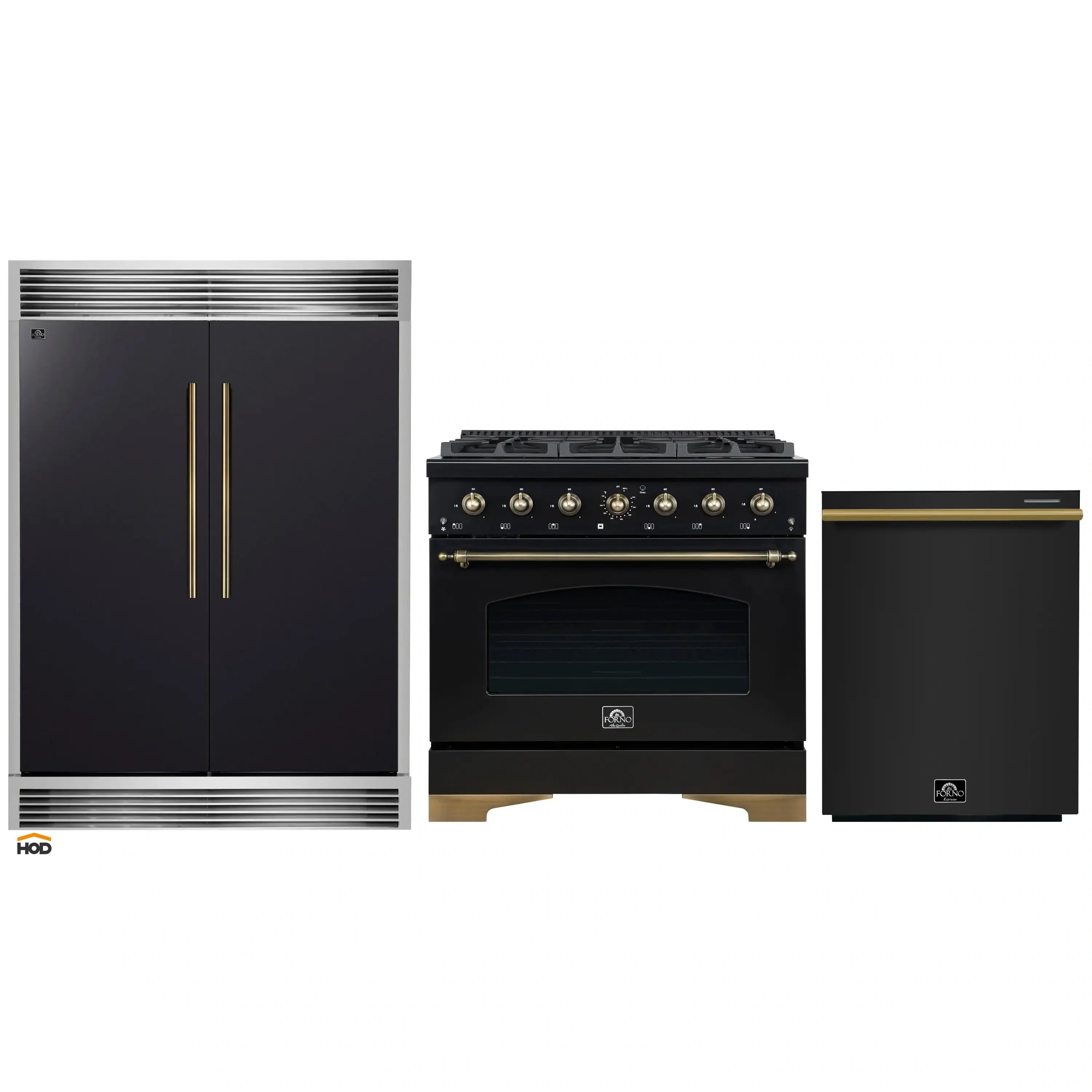 3-piece black appliance package with antique brass accents: fridge, oven, dishwasher