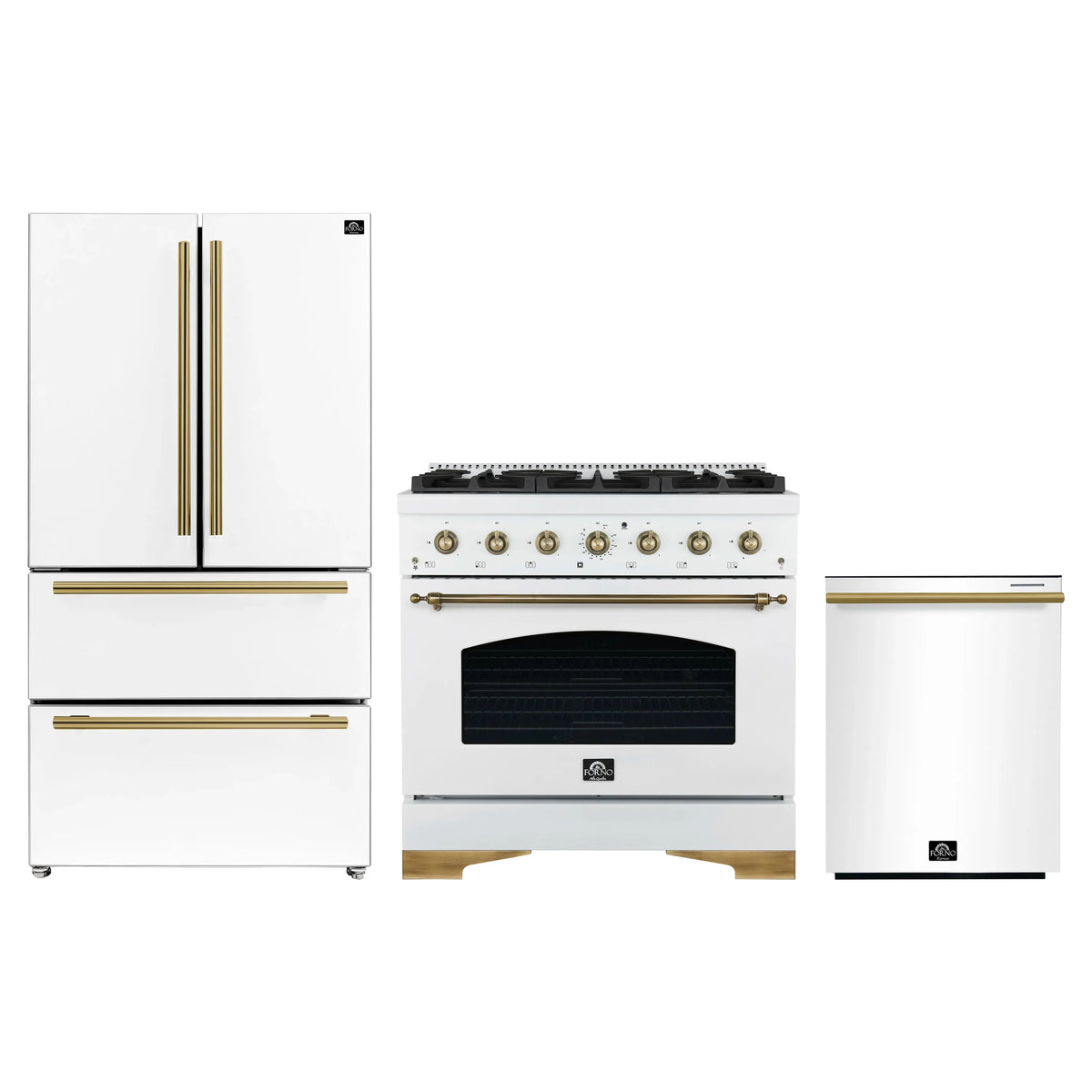 Forno Antico 3-Piece Appliance Package - 36-Inch Gas Range, 36-Inch Refrigerator, & 24-Inch Dishwasher in White with Antique Brass Trim