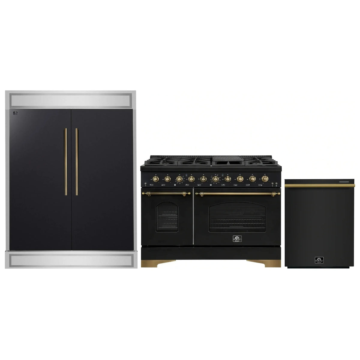 Forno 3-Piece Appliance Package - 48-Inch Gas Range, 60-Inch Convertible Refrigerator with Modern Trim, and Dishwasher in Black with Antique Brass Trim