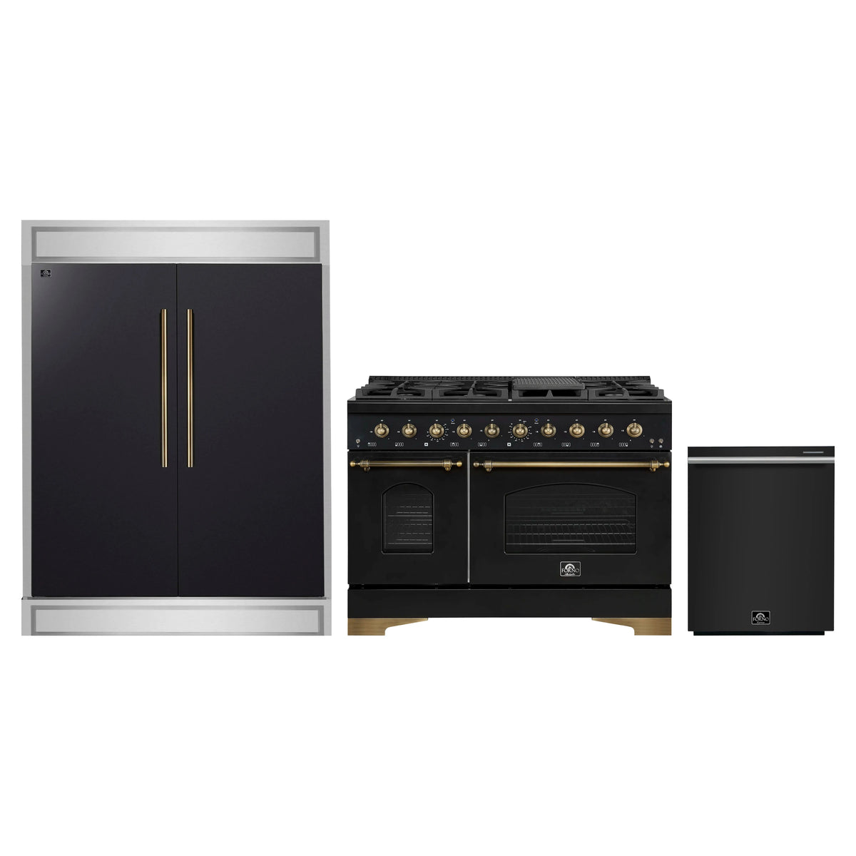 Forno 3-Piece Appliance Package - 48-Inch Gas Range, 60-Inch Convertible Refrigerator with Modern Trim, and Dishwasher in Black with Antique Brass Trim
