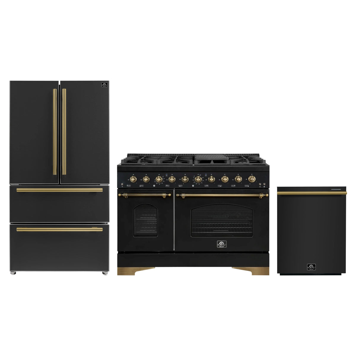 Forno Antico 3-Piece Appliance Package - 48-Inch Gas Range, 36-Inch Refrigerator, & 24-Inch Dishwasher in Black with Antique Brass Trim
