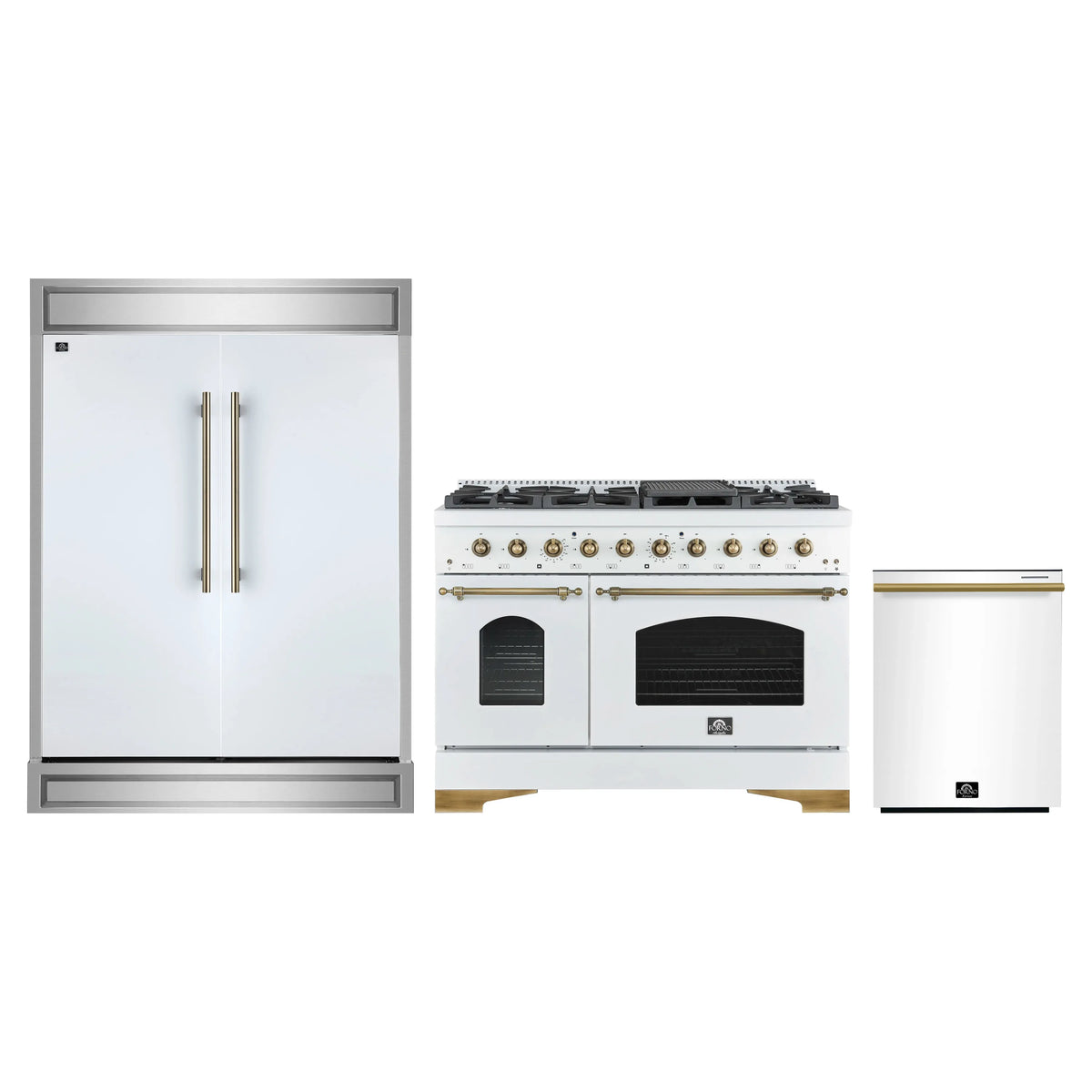 Forno 3-Piece Appliance Package - 48-Inch Gas Range, 60-Inch Refrigerator, Dishwasher in White with Antique Brass Trim